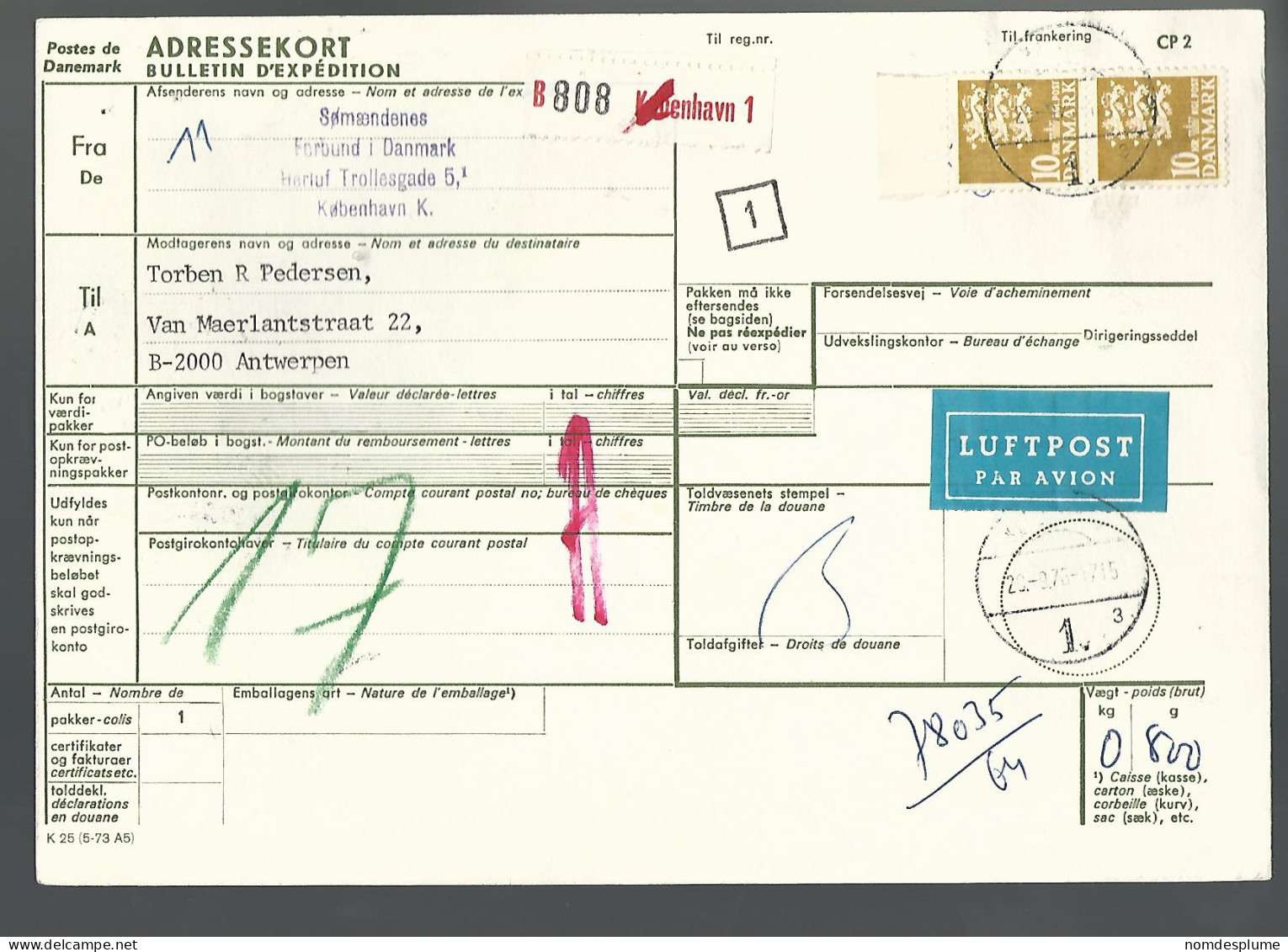 58446) Denmark Addressekort Bulletin D'Expedition 1976 Postmark Cancel Air Mail - Briefe U. Dokumente