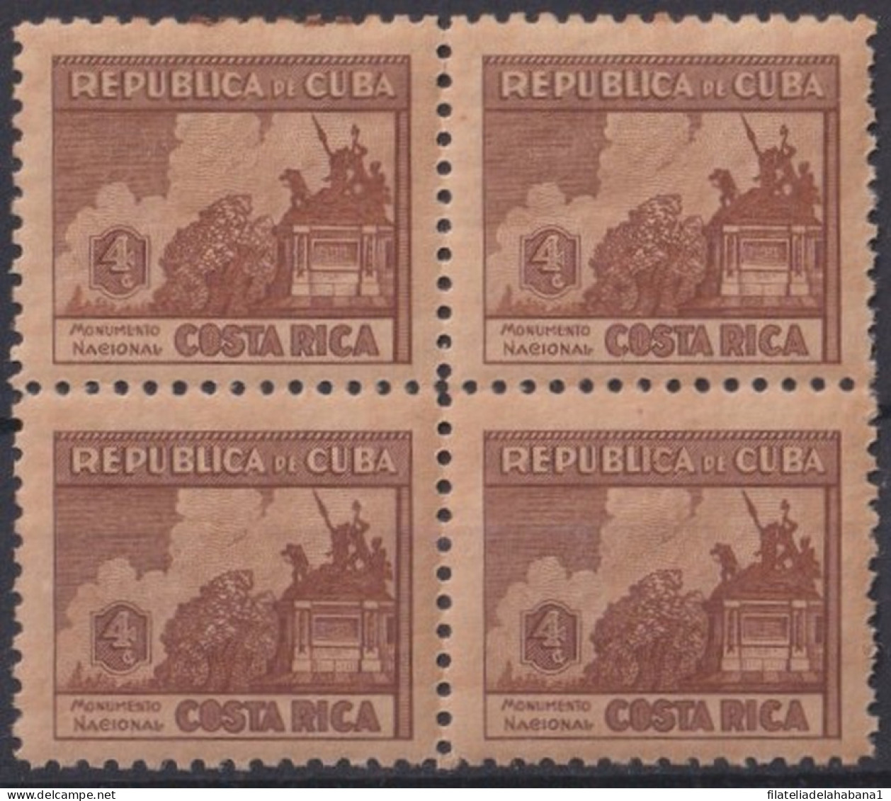 1937-458 CUBA REPUBLICA 1937 4c COSTA RICA ESCRITORES Y ARTISTAS ORIGINAL GUM BLOCK 4.  - Ungebraucht