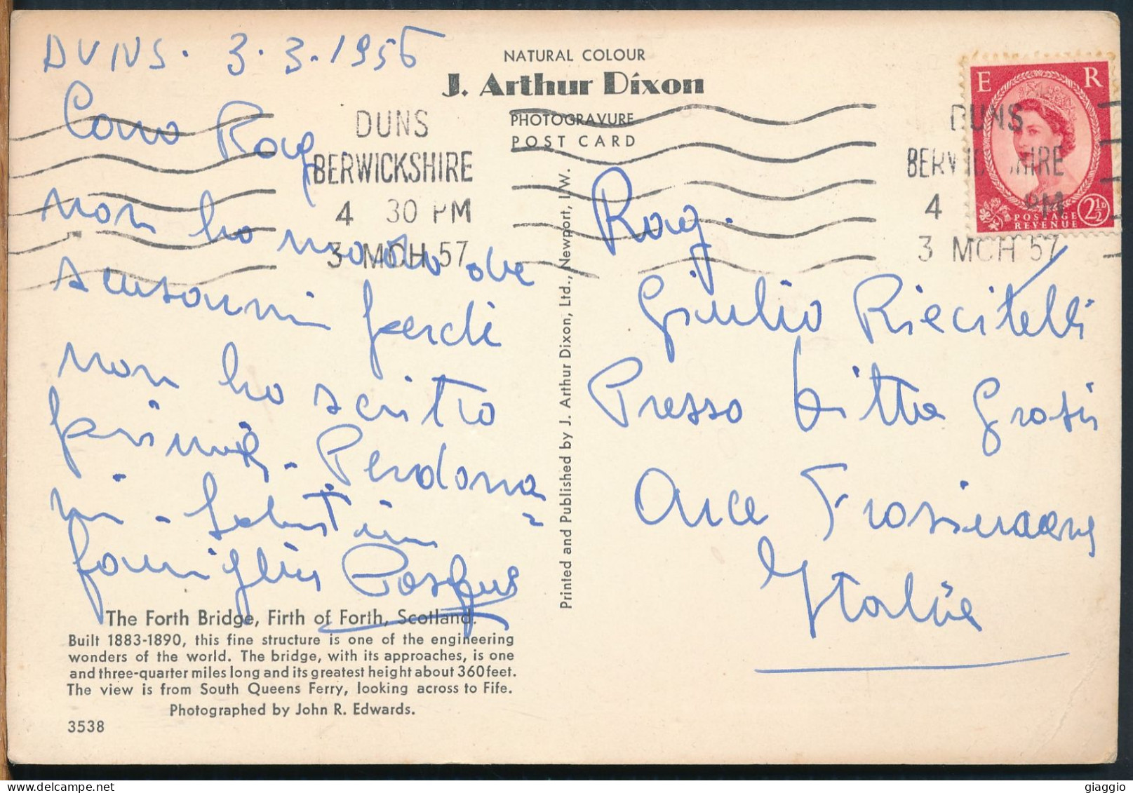 °°° 3865 - SCOTLAND - THE FORTH BRIDGE , FIRTH OF FORTH - 1956 With Stamps °°° - Berwickshire