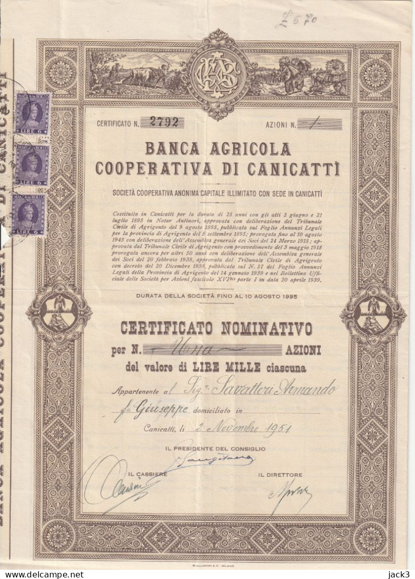 AZIONI - BANCA AGRICOLA COOPERATIVA DI CANICATTI - Agricoltura