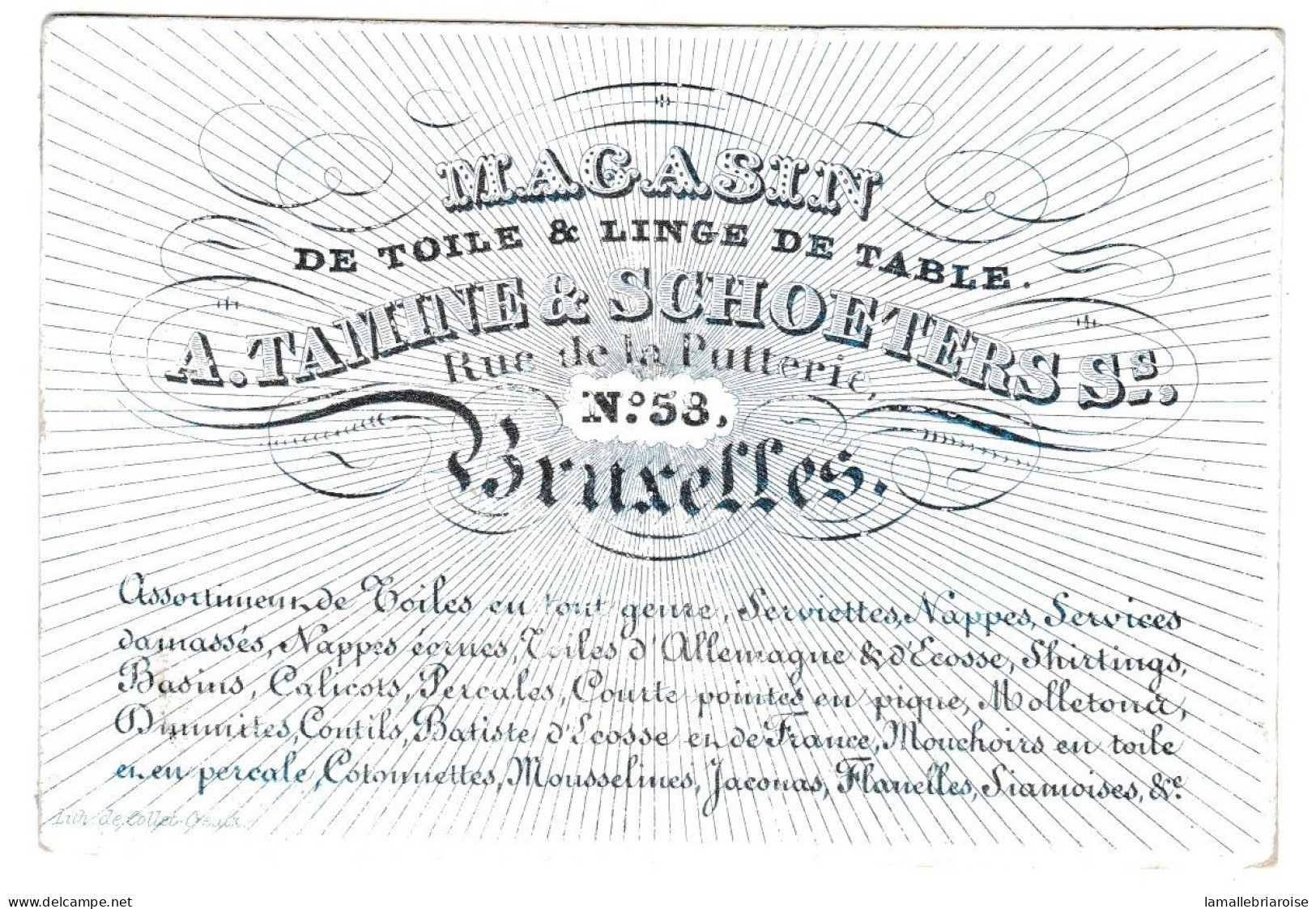 Belgique, Carte Porcelaine, Porseleinkaart,Toile & Linge De Table, A. Tamine & Schoeters Se , Bruxelles, Dim:100x67mm, - Porcelaine