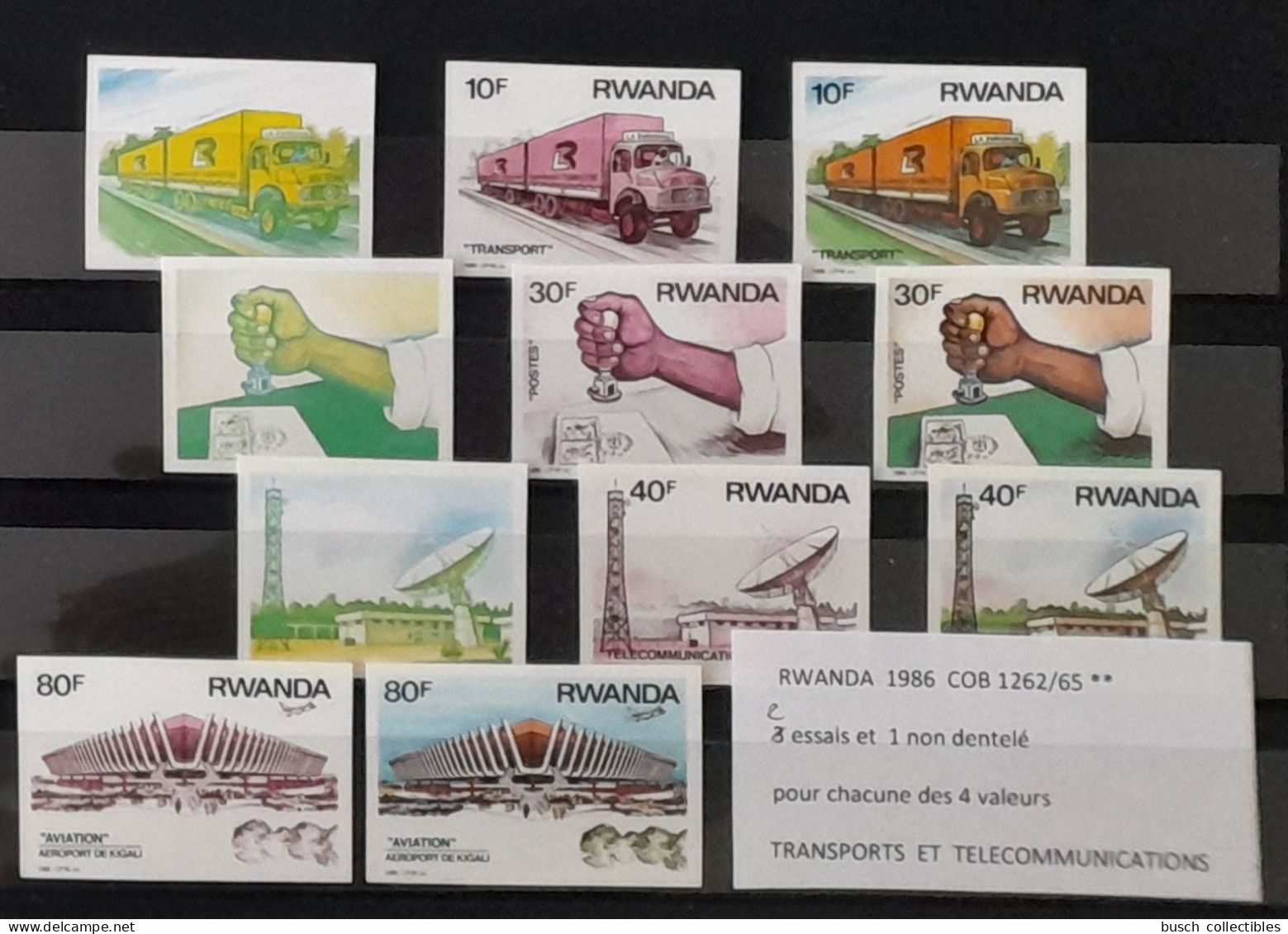 Rwanda 1986 COB 1262 - 1265 Color Proofs Essais Couleur IMPERF ND Transports Télécommunications Truck Airplane Camion - Ongebruikt