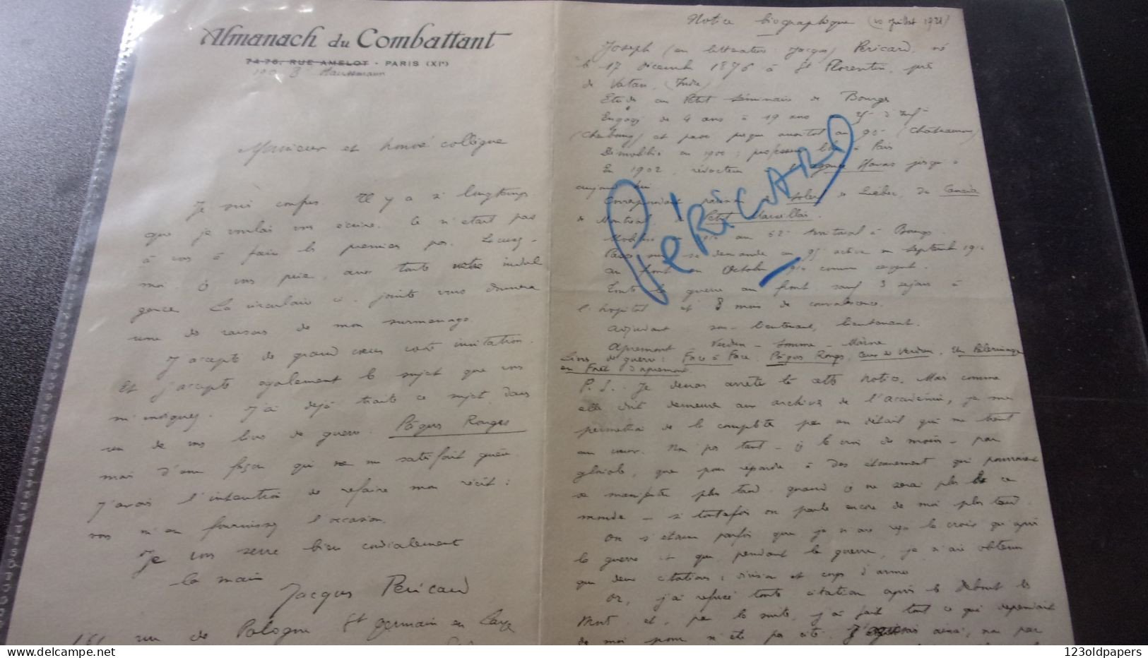 1921 RARE LAS JACQUES PERICARD NE INDRE ST FLORENTIN A L ALMANACH DU COMBATTANT WWI WWI LEGION FRANCAISE DES COMBATTANTS - Other & Unclassified