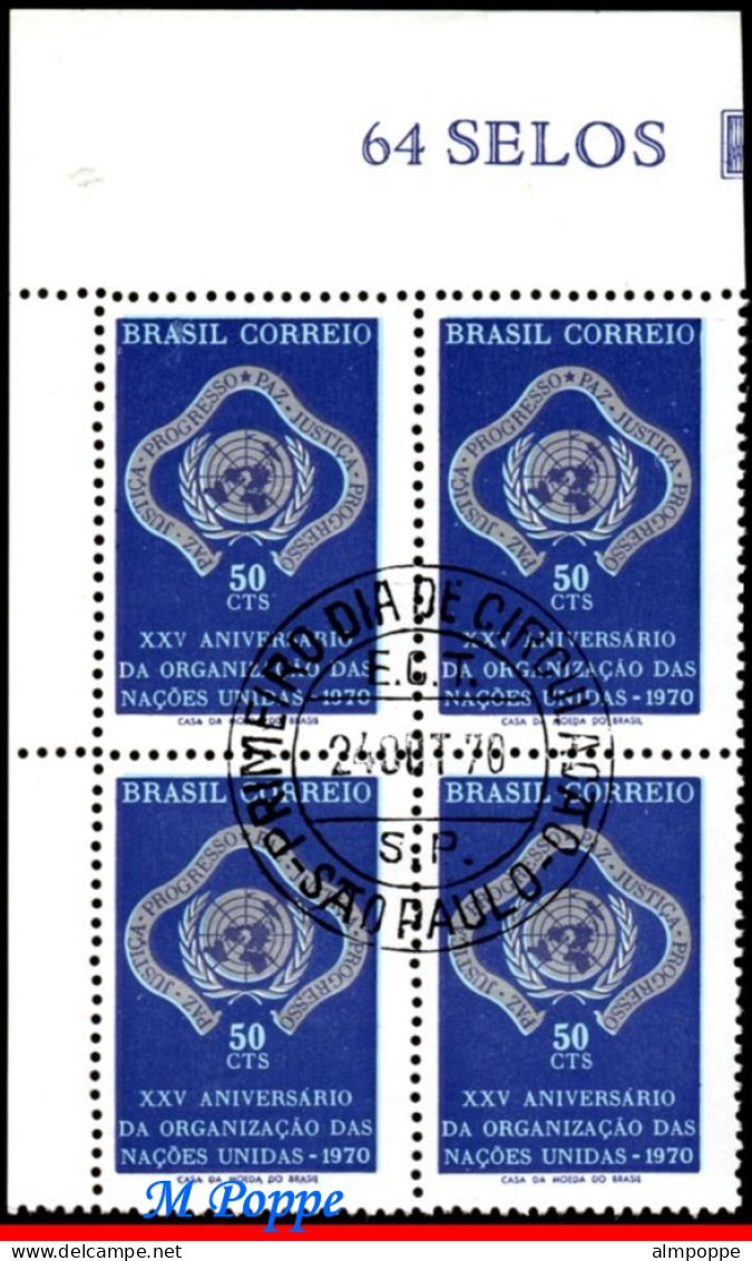 Ref. BR-1175-QC BRAZIL 1970 - 25TH ANNIV.UNITED NATIONS,MI# 1269,BLOCK CANCELED 1ST DAY NH, ONU, UN 4V Sc# 1175 - Used Stamps