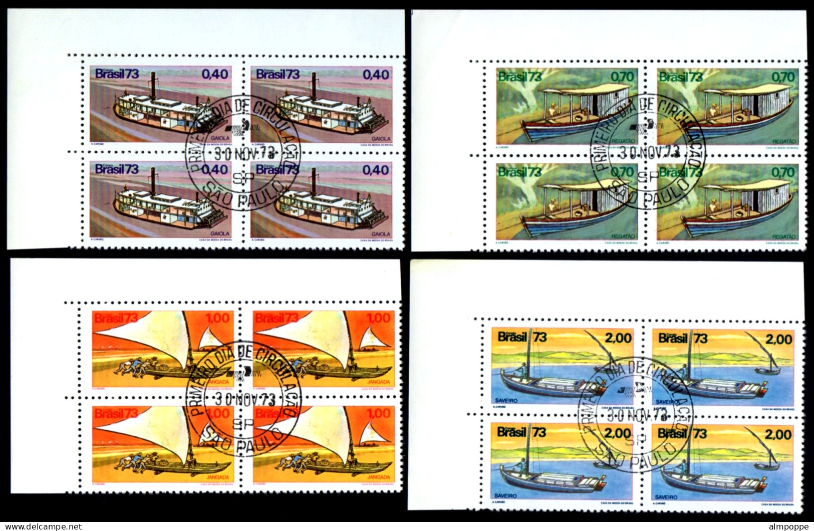Ref. BR-1322-25-QC BRAZIL 1973 - RIVER BOATS, MI# 1409-12,BLOCKS CANCELED 1� DAY NH, SHIPS, BOATS 16V Sc# 1322-1325 - Used Stamps