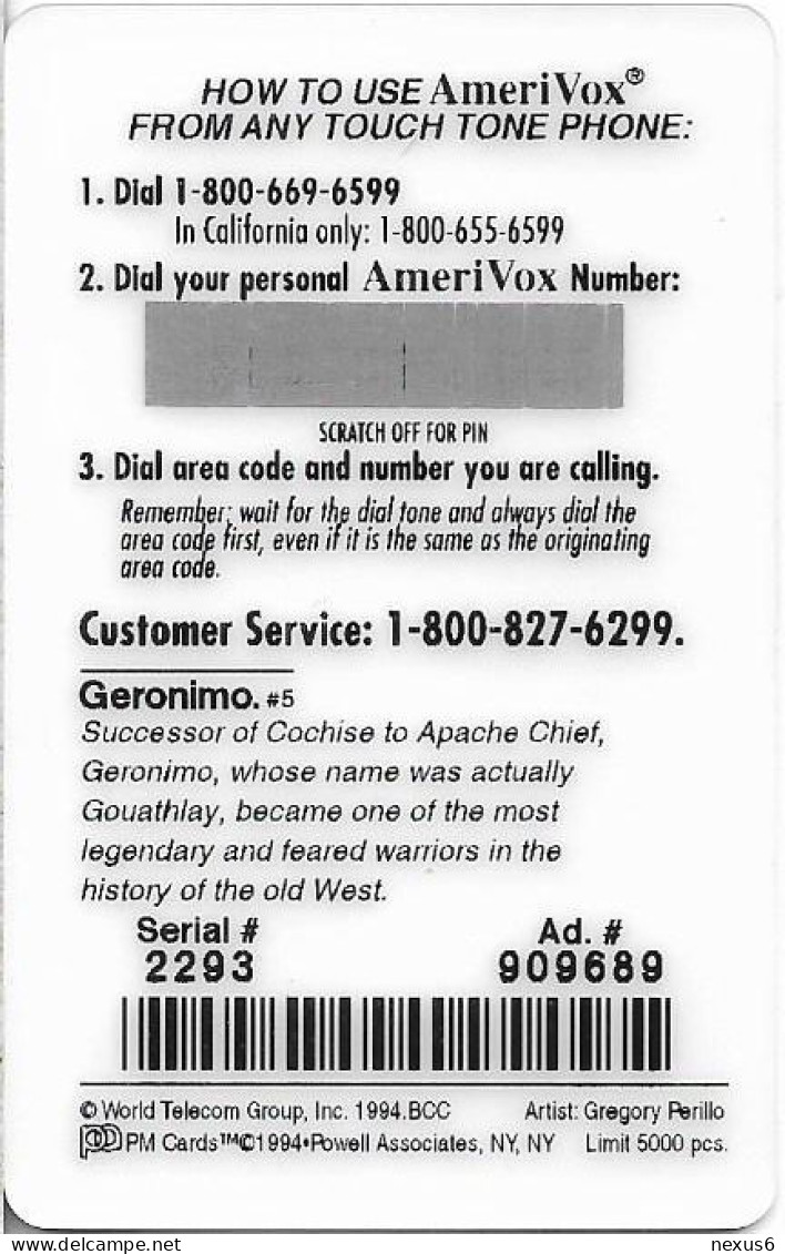 USA - AmeriVox - Perillo Native American Artwork - AVX-Pr152 - Geronimo On Horse #5, Remote Mem. 2.50$, 5.000ex, Mint - Amerivox