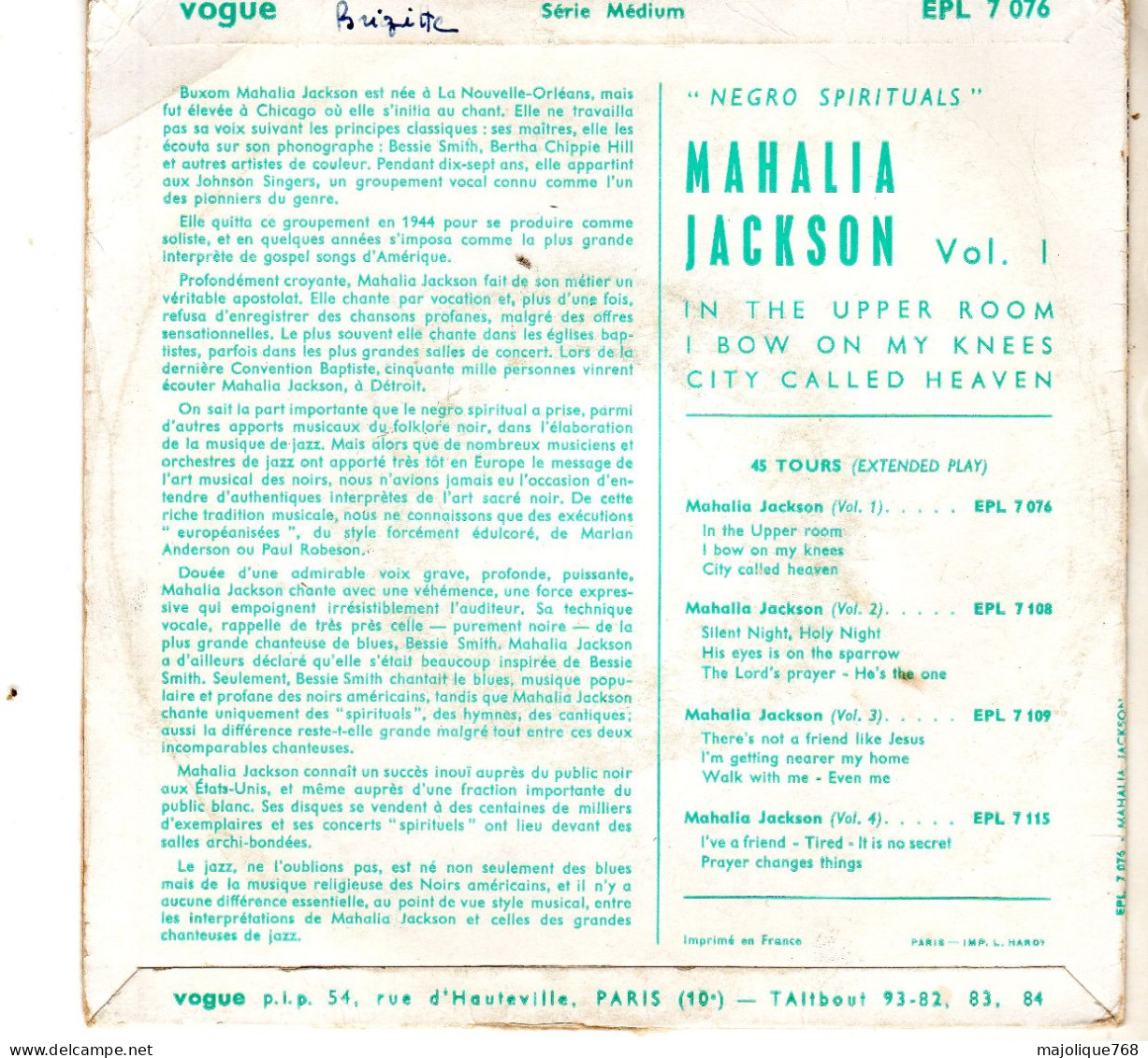 Disque 45T De Mahalia Jackson - In The Upper Room - Vogue EPL 7 076 - France 1960 - Canti Gospel E Religiosi