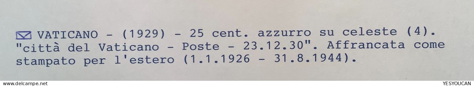 Sa.4 1929 25c Lettera STAMPATI ESTERO 1930>Budapest  (Vatican Vaticano Stampa First Issue Cover Rare Printed Matter - Brieven En Documenten