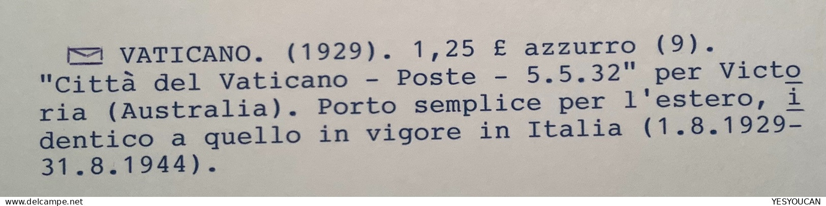 Sa.9 1929 1,25L Lettera 1932>Melbourne Victoria Australia (Vatican First Issue Cover RARE DESTINATION Vaticano Italy - Storia Postale