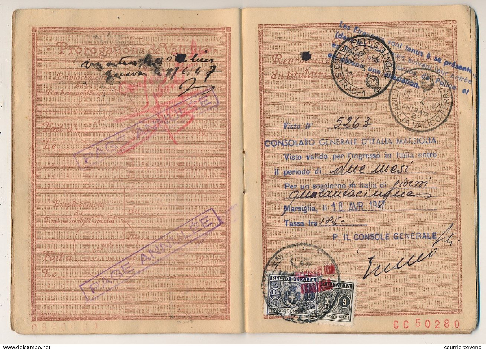 FRANCE - Passeport délivré à NICE - 1949/1951 - 60F + complément tarif 1946 / Fiscal renouvellement 700 F + visas divers