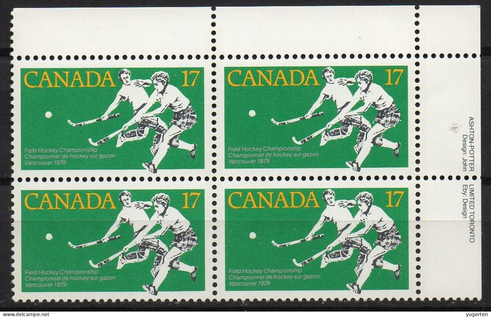 CANADA 1979 - Corner Bloc Of 4 - MNH - Field Hockey Sur Gazon Sobre Hierba Feldhockey Хоккей на траве - Vancouver - Hockey (Veld)