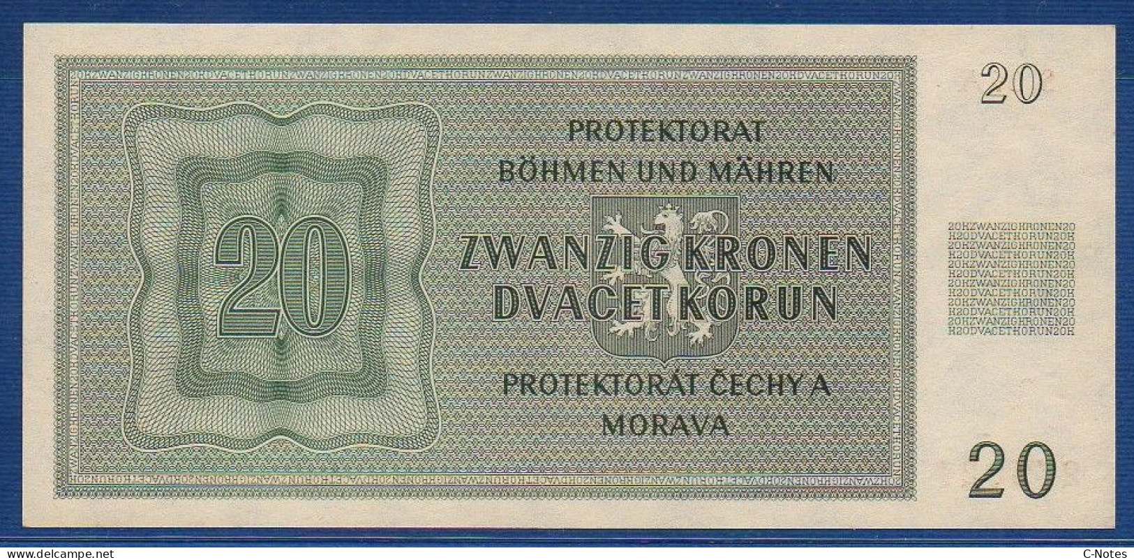 BOHEMIA & MORAVIA - P. 9a – 20 Kronen / Korun (1944) AUNC, S/n S. 36A 275021 - Checoslovaquia