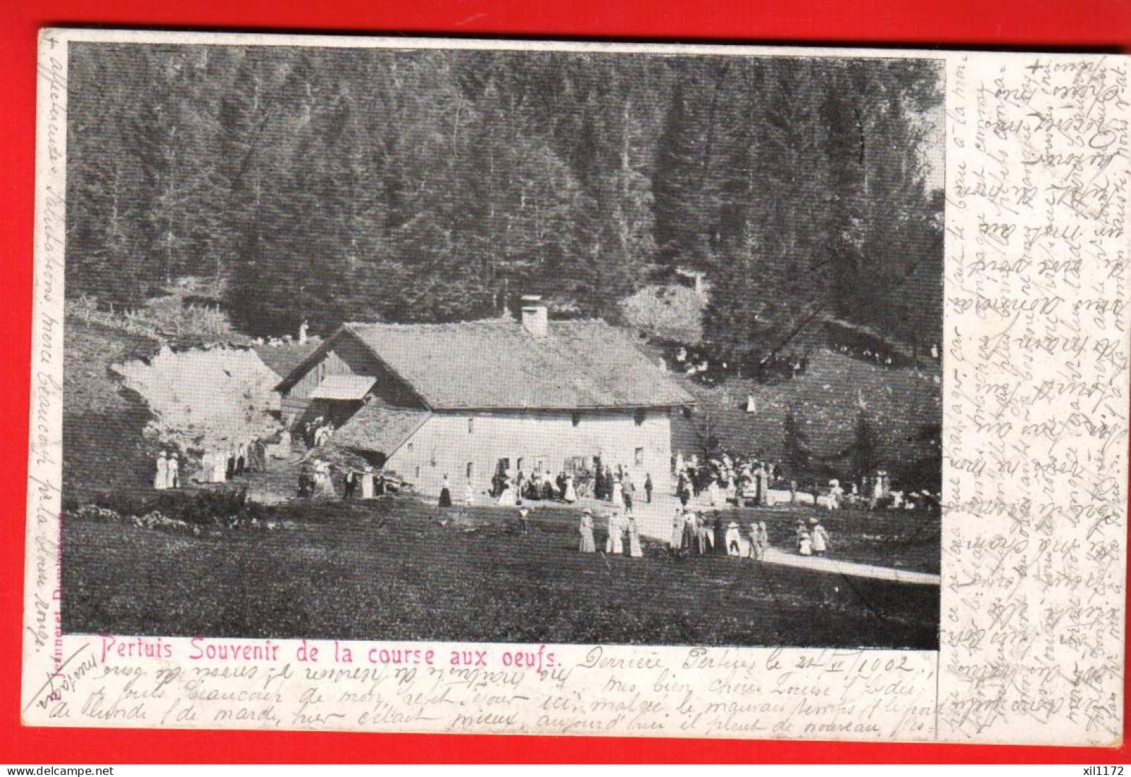 ZVC-32 RARE  Val De Ruz Pertuis Souvenir Course Aux Oeufs  Dos Simple Circulé Avec Cachets Vieux-Prés Et Cernier En 1902 - Cernier