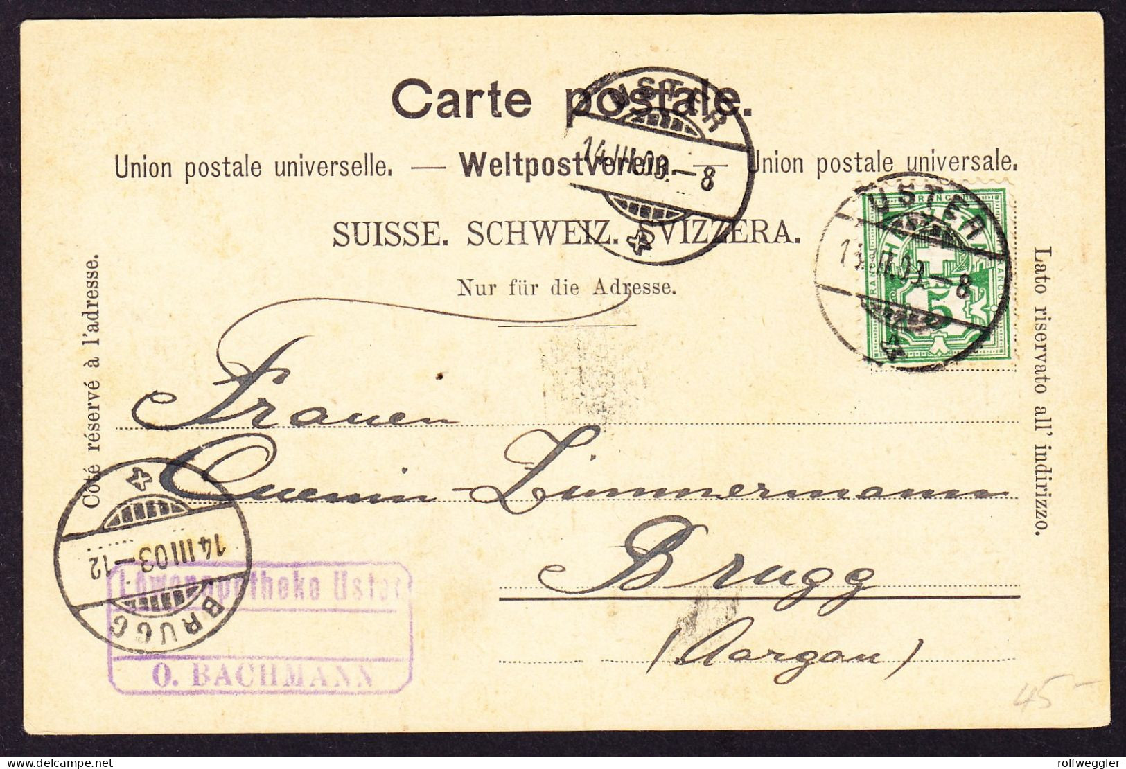 1903 Gelaufene AK: Gruss Aus Uster. Mit Stempel LÖWEN APOTHEKE. Centralstrasse - Uster