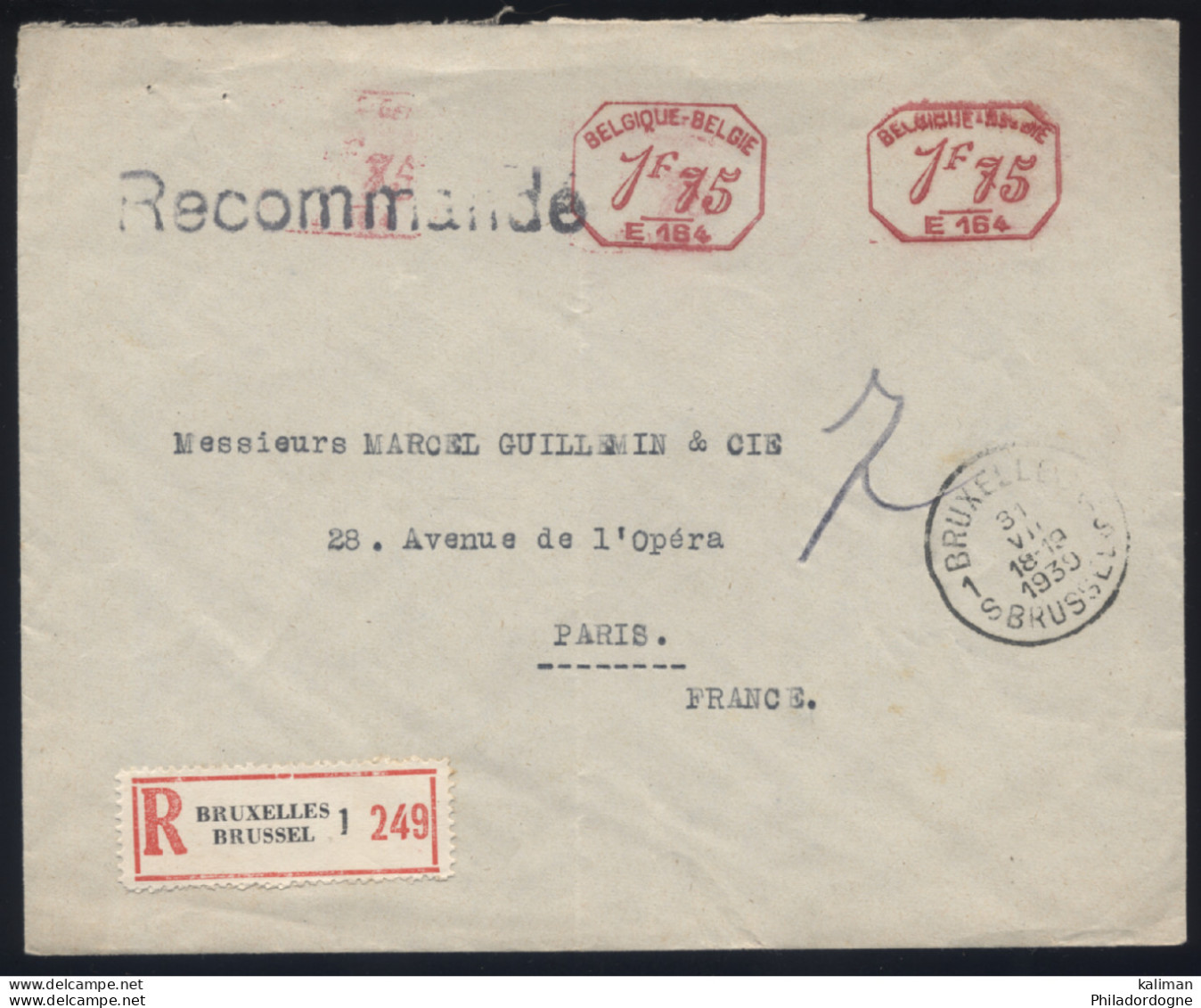 Belgique - Enveloppe Recommandée Bruxelles 1939 Pour Paris - Affranchissement à 3fr50 Double Frappe Du Cachet à 1fr75 - ...-1959