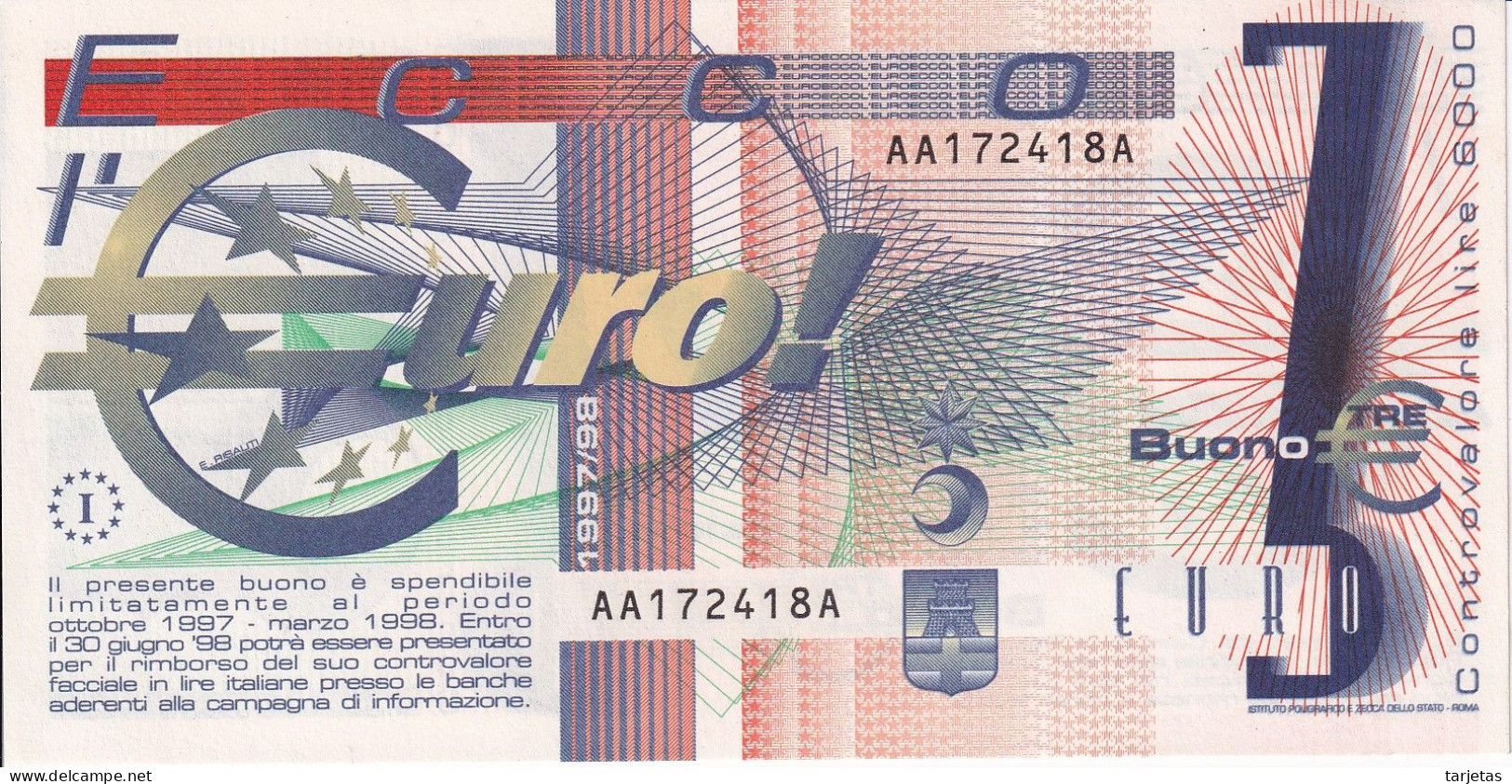 BILLETE DE ITALIA DE 3 EUROS DEL AÑO 1997  (BANKNOTE) - [ 4] Voorlopige Uitgaven