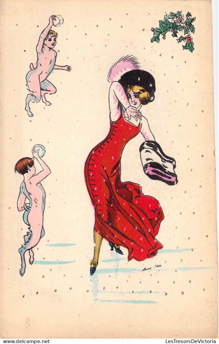 Illustrateur - Sager  - Femme En Rouge Et Ange Et Démon Mi Humain Mi Chien   - Carte Postale Ancienne - Sager, Xavier