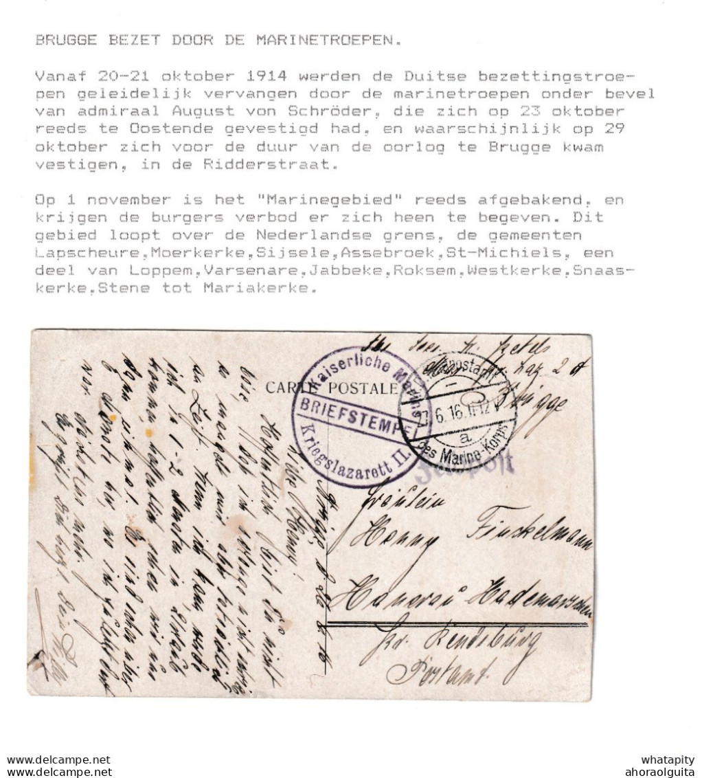 DDDD 915 --  MARINEGEBIED - Carte En Feldpost Marine Korps - BRUGGE 1916 - Cachet Kaiserliche Marine Kriegslazarett II - Armée Allemande