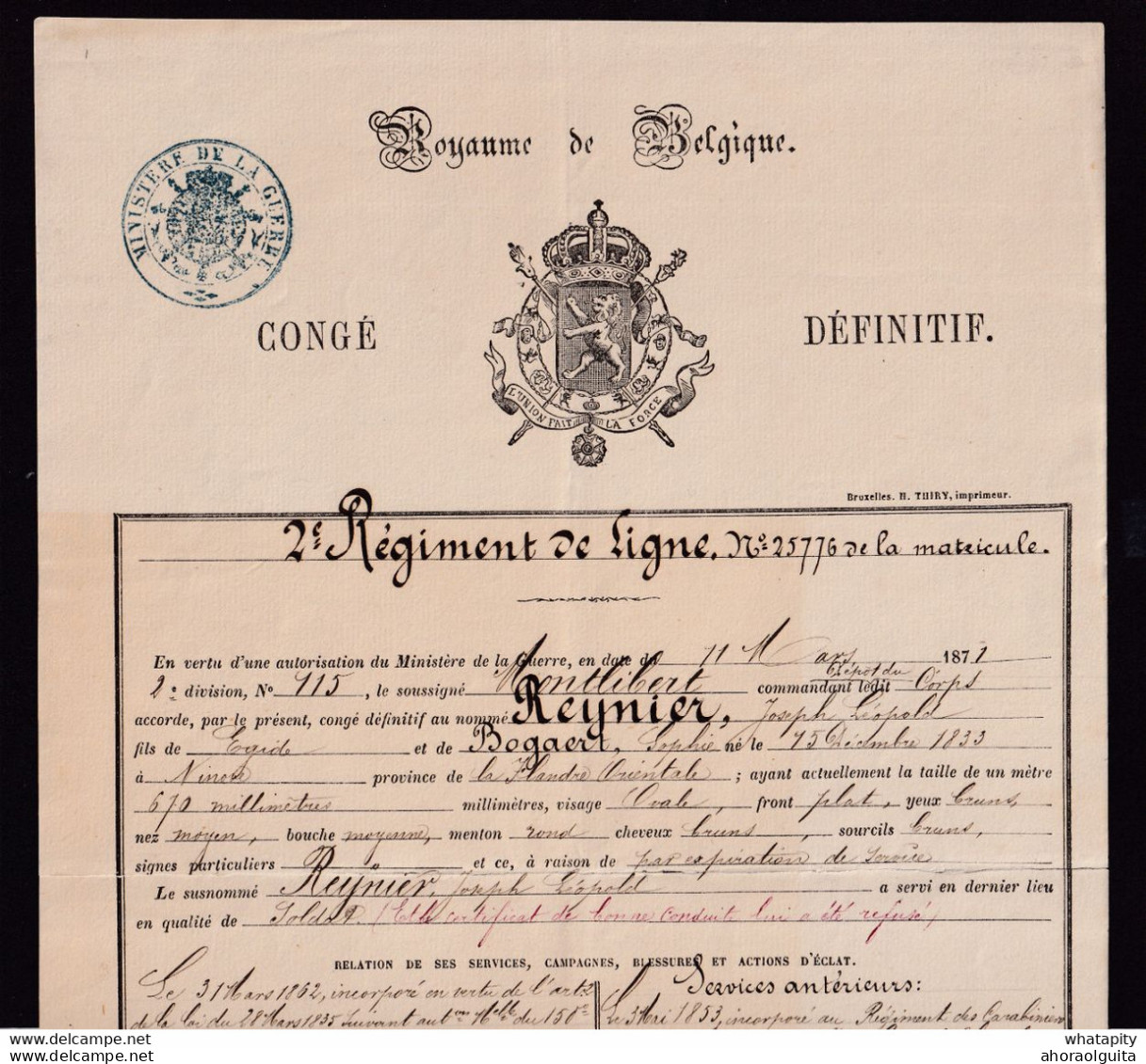 DDDD 575 --  CERTIFICAT à Lierre 1871 - CONGE DEFINITIF - 2è Régiment De Ligne - Soldat Reynier Né à NINOVE - Storia Postale