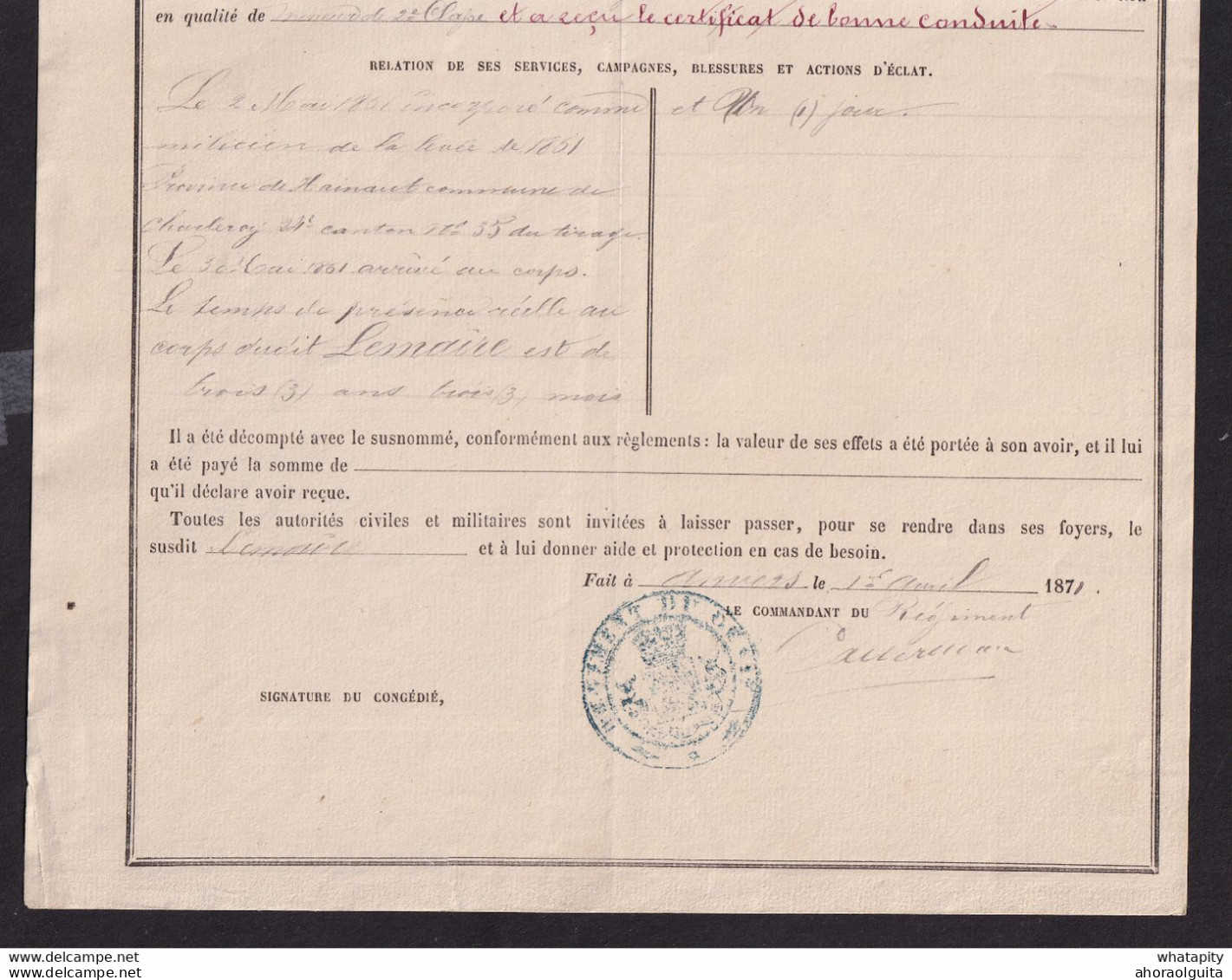 DDDD 574 --  CERTIFICAT à Anvers 1871 - CONGE DEFINITIF - Régiment Du Génie - Soldat Lemaire Né à HORRUES - Covers & Documents