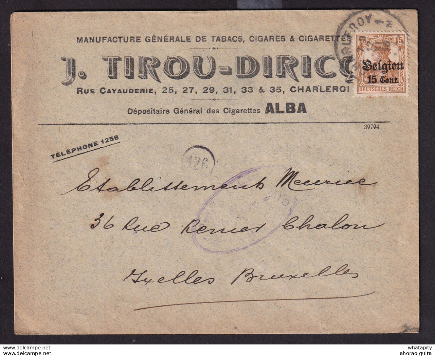 DDDD 536 --  Enveloppe TP Germania CHARLEROY 1916 - Entete Fabrique De Tabacs, Cigares, Cigarettes ALBA, J. Tirou-Diricq - Tabak