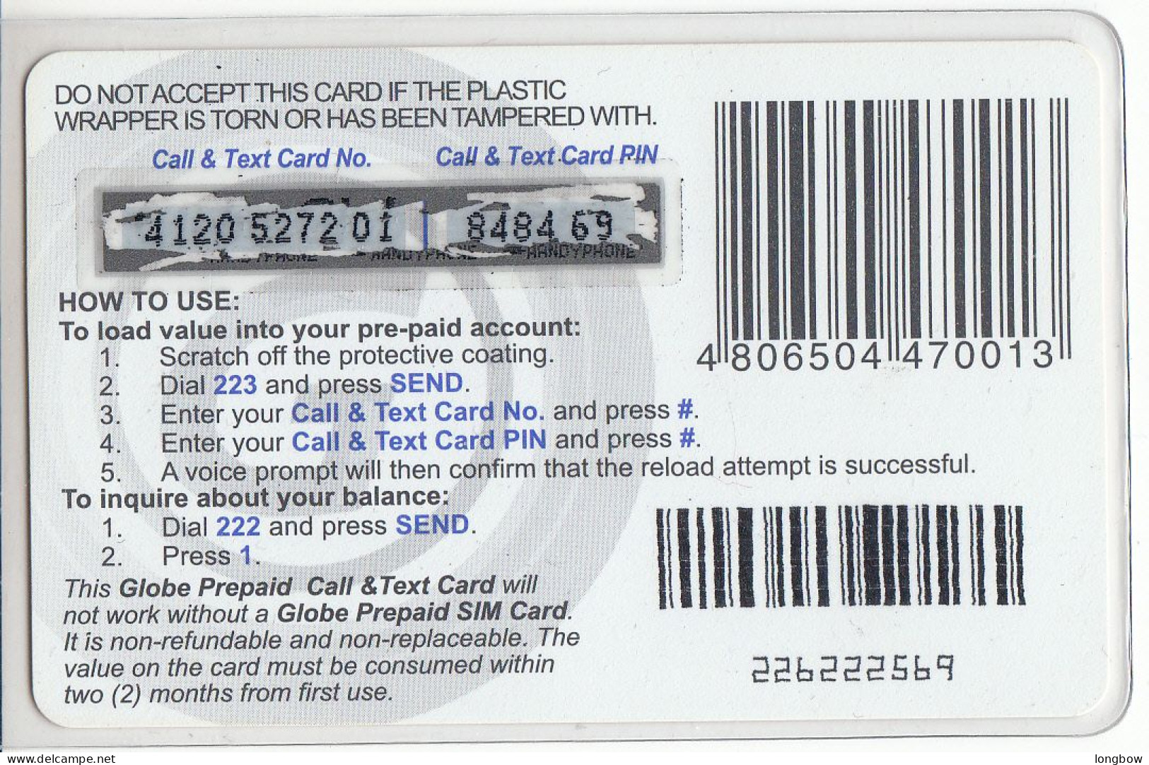 Filippine - Call & Text Card -GLOBE Handyphone Prepaid - Philippines