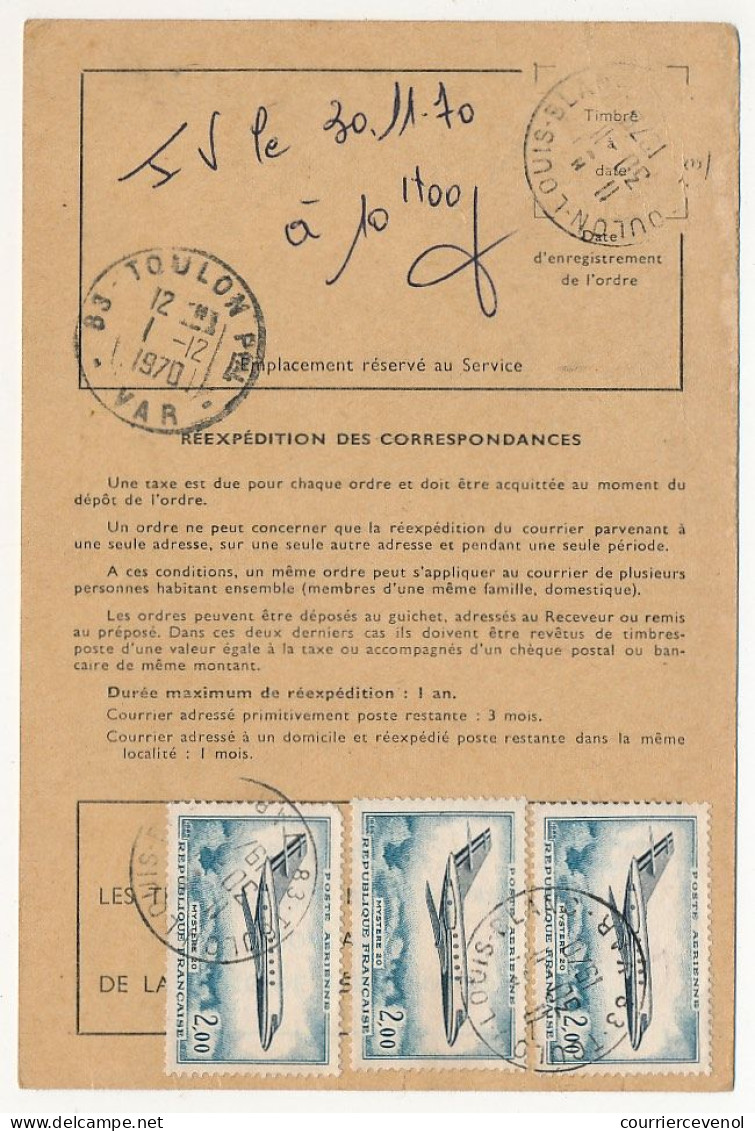 FRANCE - 12 ordres de réexpédition, affranchis timbres avions dont 5,00F Caravelle, combinaisons diverses