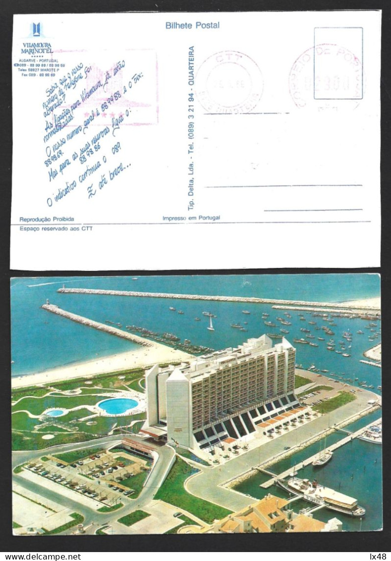 Postcard With Mechanical Obliteration From Marinotel Vilamoura, From Quarteira In 1989. Algarve. Rare. 2 Sc. Postkarte - Hostelería - Horesca