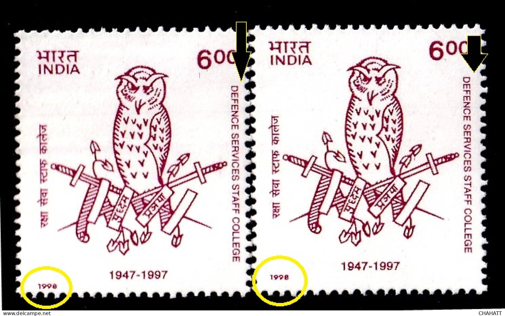 INDIA-1998- DEFENCE SERVICES STAFF COLLEGE- OWL INSIGNIA- FRAME SHIFTING- ONE WITH ERROR-MNH-A5-36 - Varietà & Curiosità