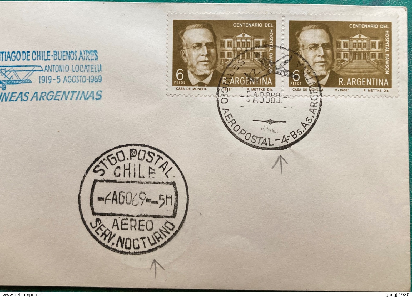 ARGENTINA-CHILE 1969, FIRST FLIGHT COVER, VUELO CHILE SANTIAGO - BUENOS AIRES, AIROLINEAS ARGENTINA, RANSON HOSPITAL STA - Briefe U. Dokumente
