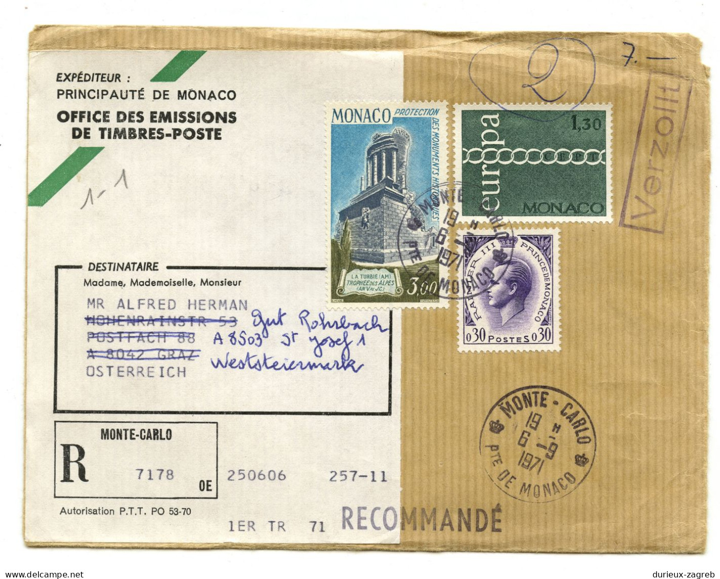 Monaco Letter Cover Posted Registered 1971 To Austria B230510 - Brieven En Documenten