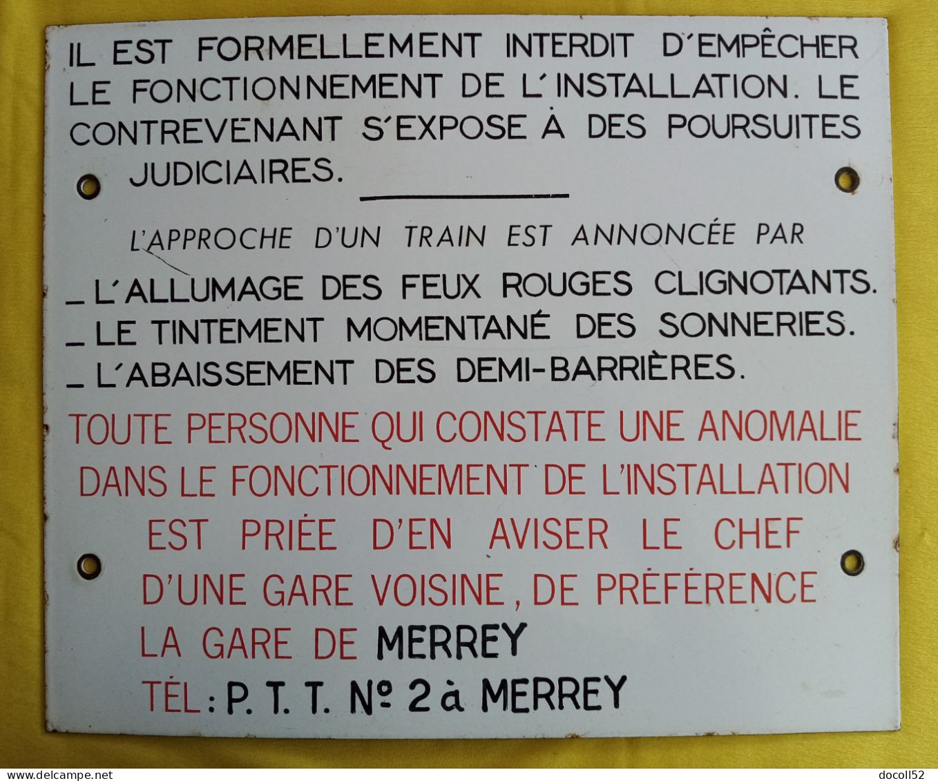 PLAQUE EMAILLEE S N C F DE PREVENTION PASSAGE A NIVEAU GARE DE MERREY (52) 372mmx310mm - EMAIL GIPOD A BELLEFONTAINE - Emailplaten (vanaf 1961)