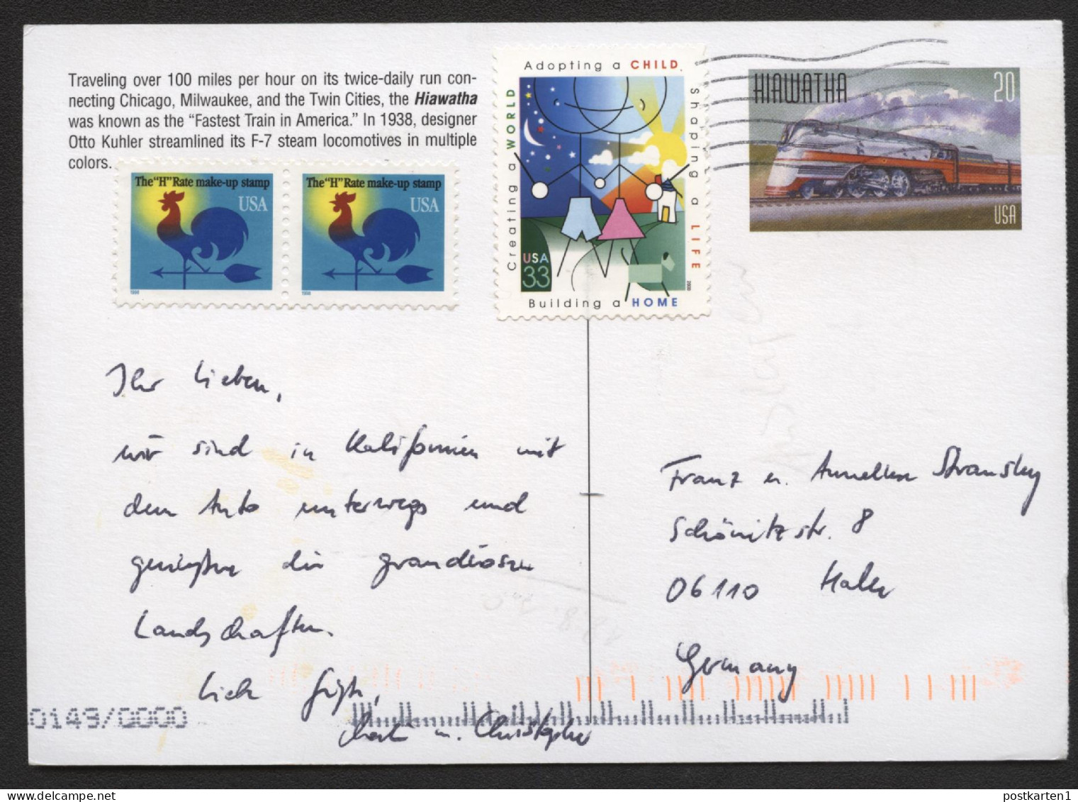 UX308 Postal Card HIAWATHA TRAIN Used San Francisco CA To Germany 2000 - 1981-00