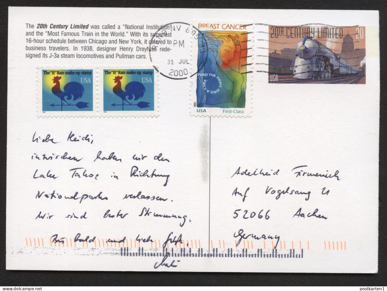 UX311 Postal Card 20th CENTURY LIMITED TRAIN Used Reno NV To Germany 2000 - 1981-00
