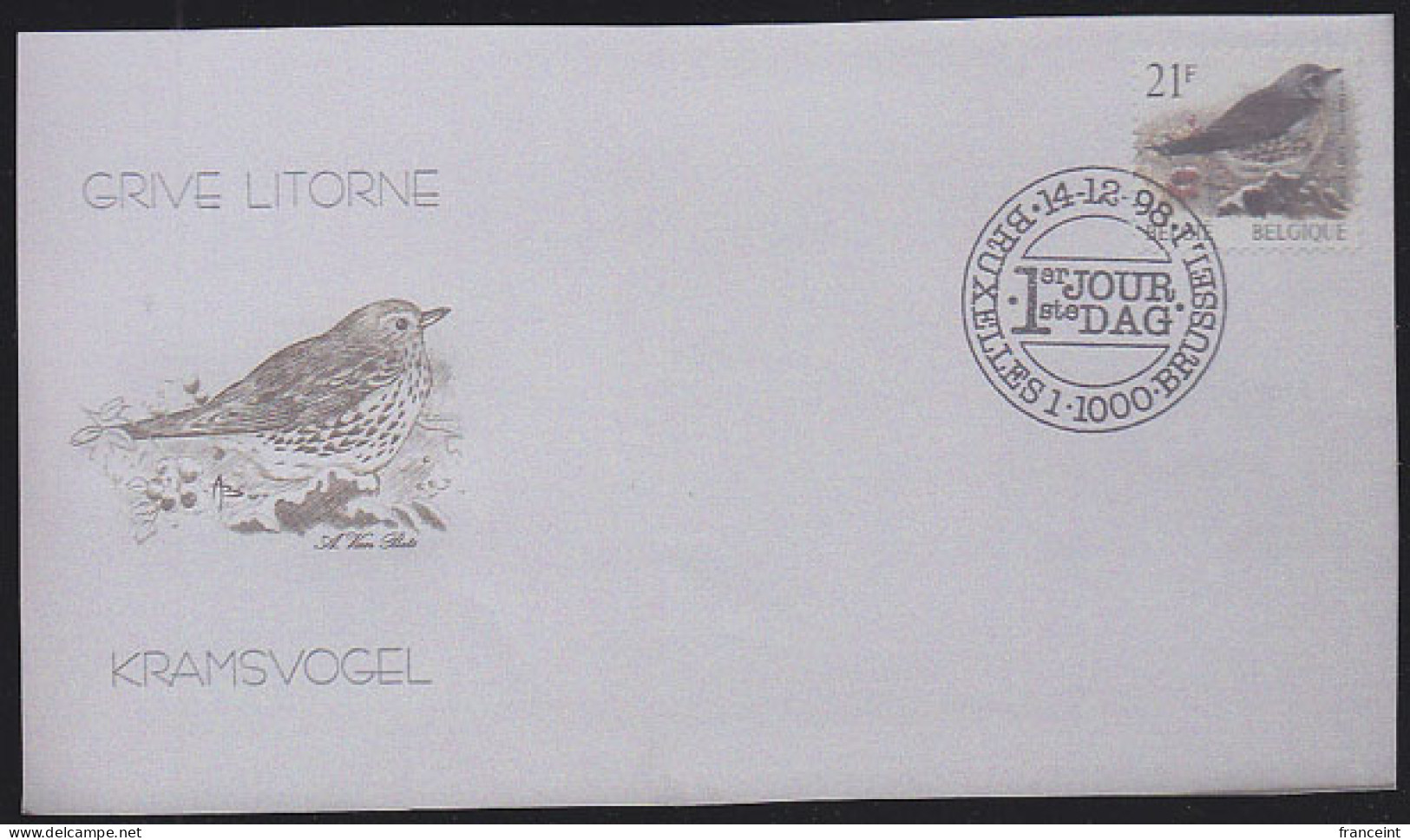 BELGIUM(1998) Fieldfare (Turdus Pilaris). Die Proof In Violet-brown Signed By The Engraver. Scott No 1715. - Proofs & Reprints