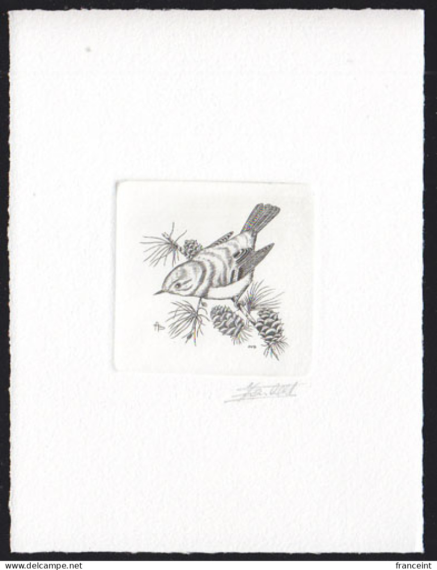 BELGIUM(1999) Goldcrest (Regulus Regulus). Die Proof In Black Signed By The Engraver. Scott No 1715. - Proofs & Reprints