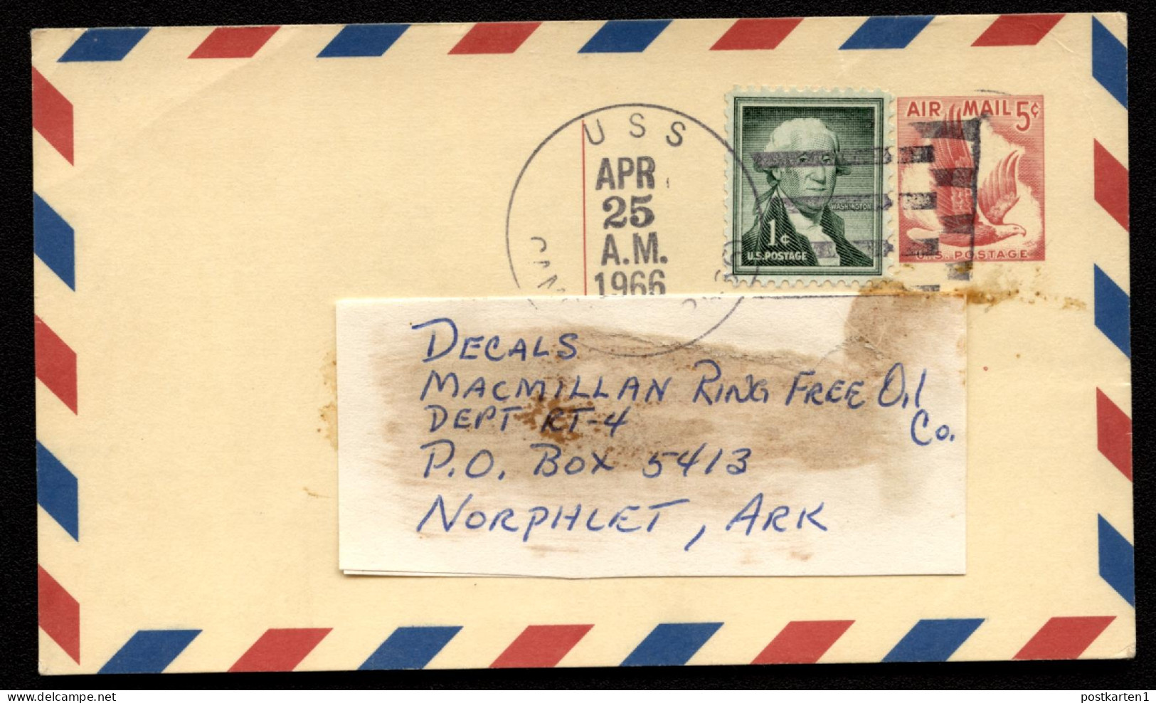 UXC3 Air Mail Postal Card Type C Used USS CAMBRIA APA36 1966 Cat.$5.00+ - 1941-60