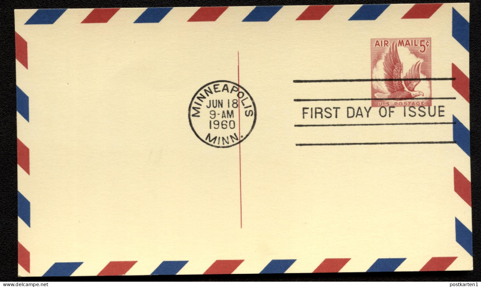 UXC3var Air Mail Postal Card THINNED DIVIDING LINE TOP FDC 1960 Cat.$6.00 - 1941-60