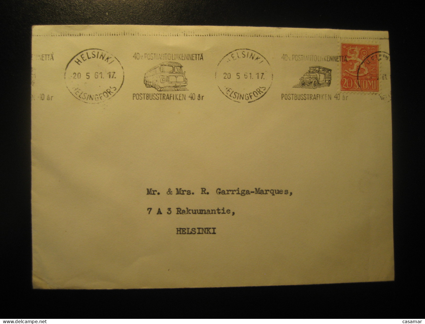 HELSINKI 1961 Postal Bus Van Truck Cancel Cover FINLAND - Covers & Documents