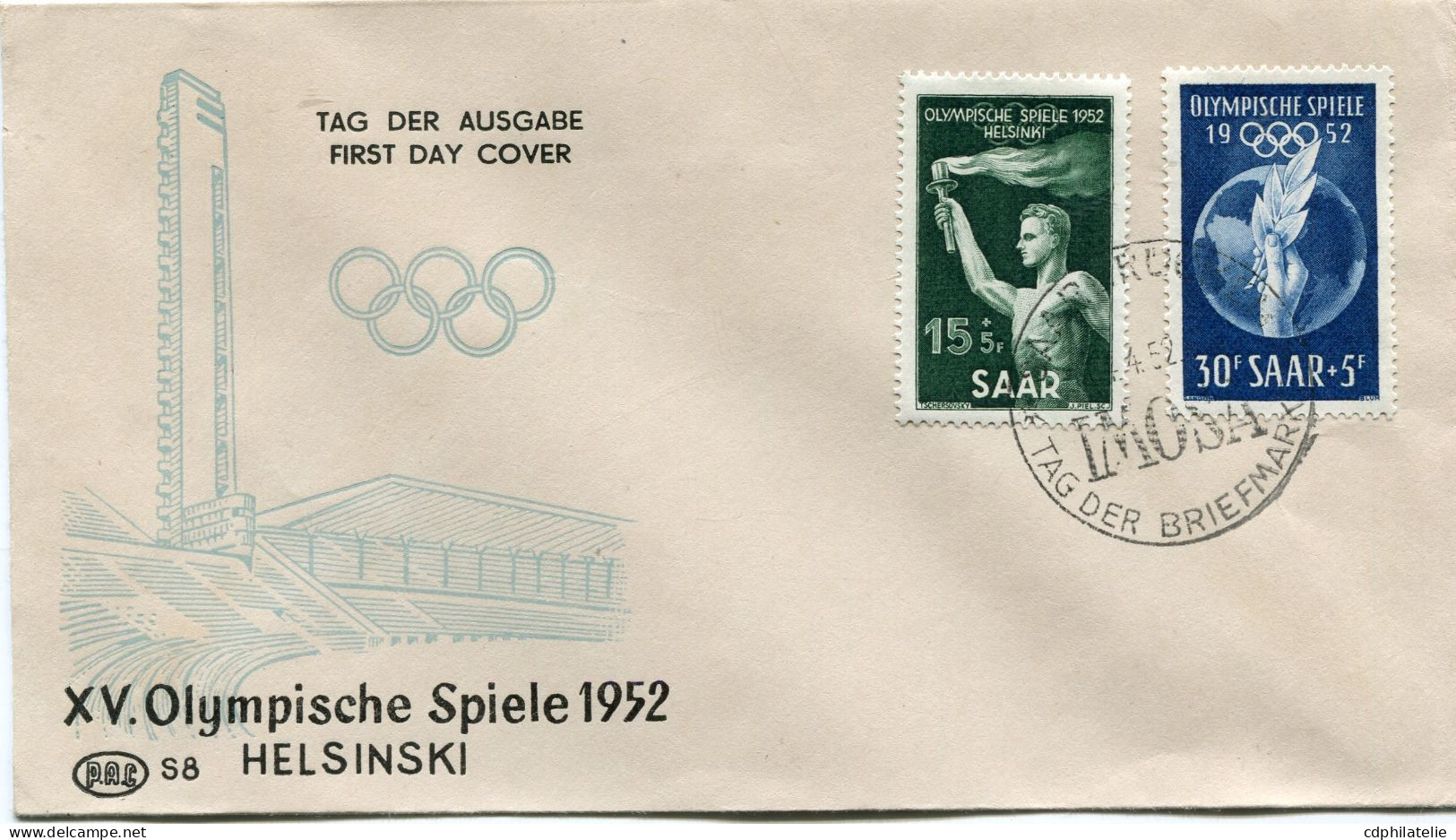 SARRE ENVELOPPE 1er JOUR P.A.C. DES N°301 / 302 JEUX OLYMPIQUES D'HELSINKI AVEC OBL SAARBRUCKEN ?-4-52 - FDC