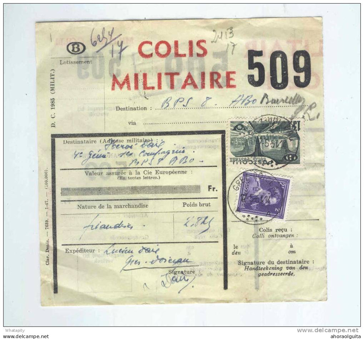 BRABANT WALLON - Formule De COLIS MILITAIRE Avec Léopold Col Ouvert GREZ DOICEAU 1951 Vers BPS 8 En Allemagne --  LL926 - Andere & Zonder Classificatie