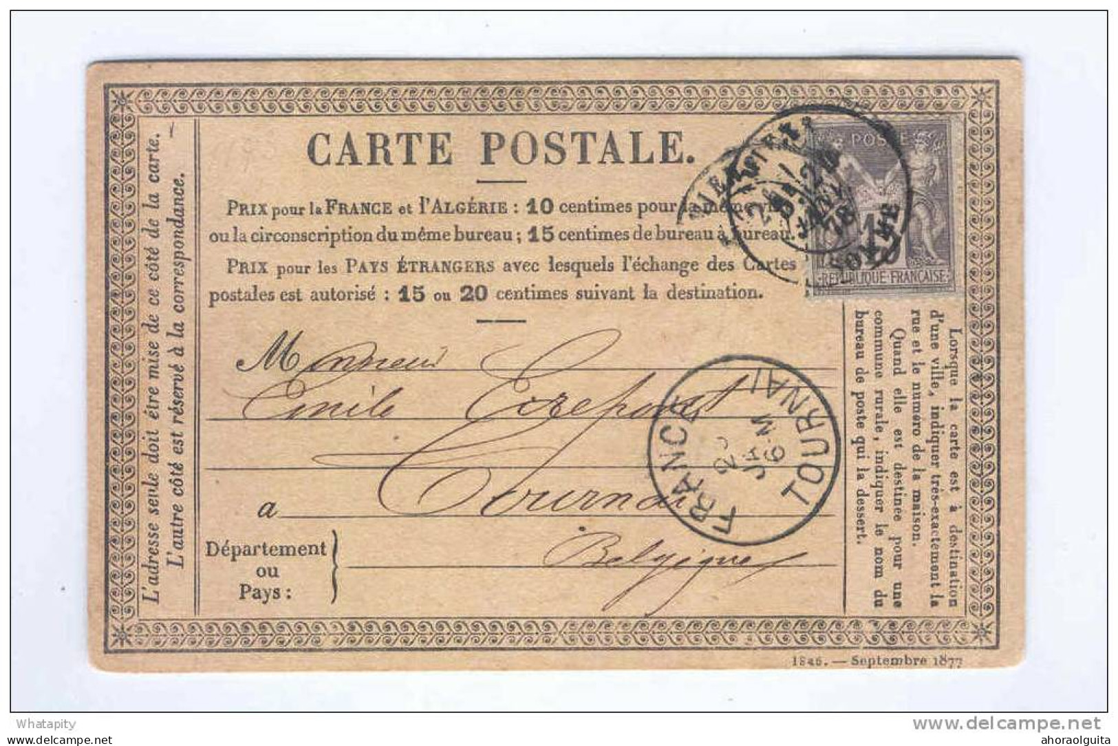 FRANCE - Carte Précurseur TP Sage AMIENS 1878 Vers TOURNAI - Marque De Passage FRANCE TOURNAI  --  PP841 - Transit Offices