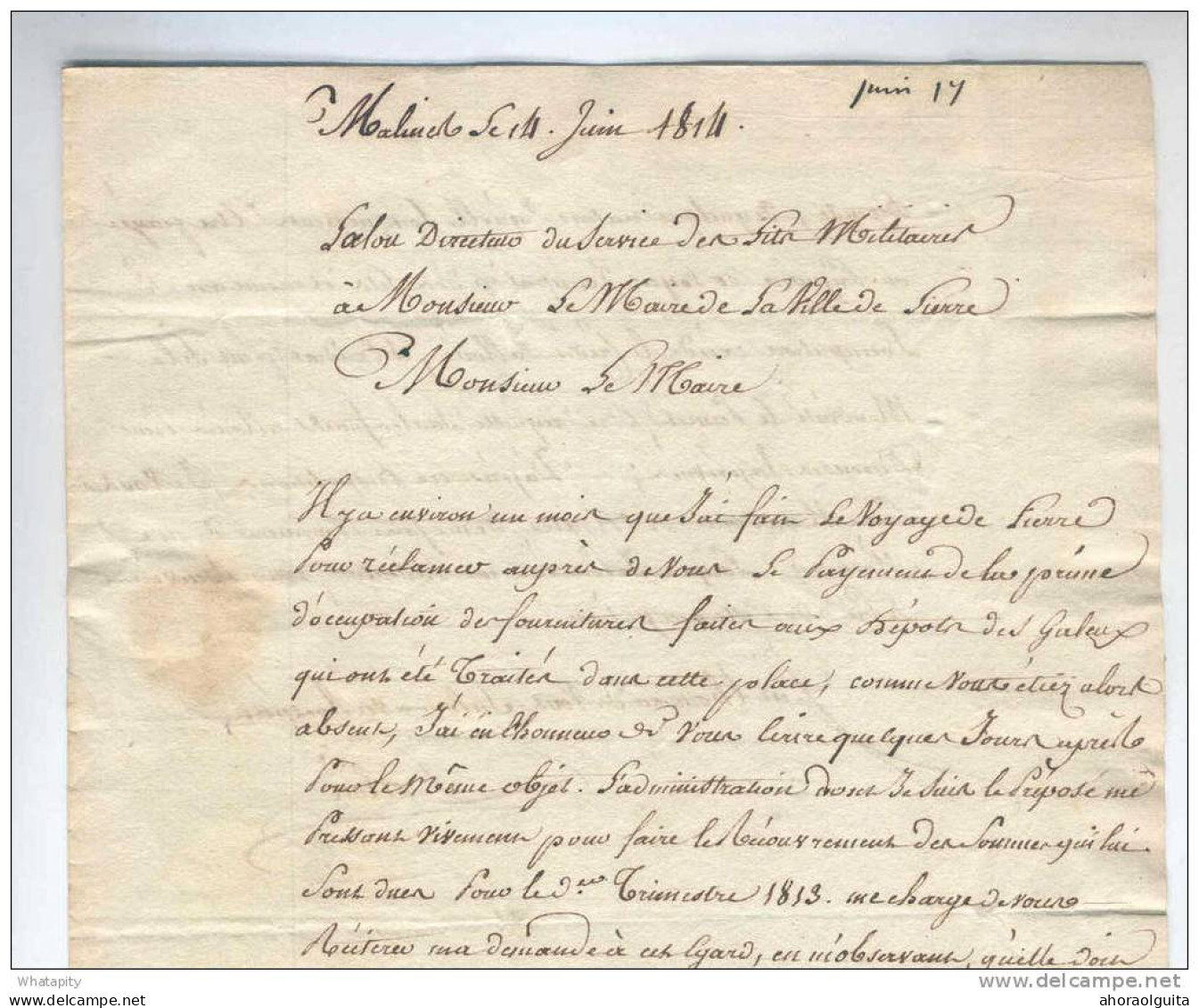 Lettre Précurseur Griffe MALINES Juin 1814 Vers Maire De LIERRE - Port Encre 2  --  B6/037 - 1814-1815 (Generaal Gouv. België)
