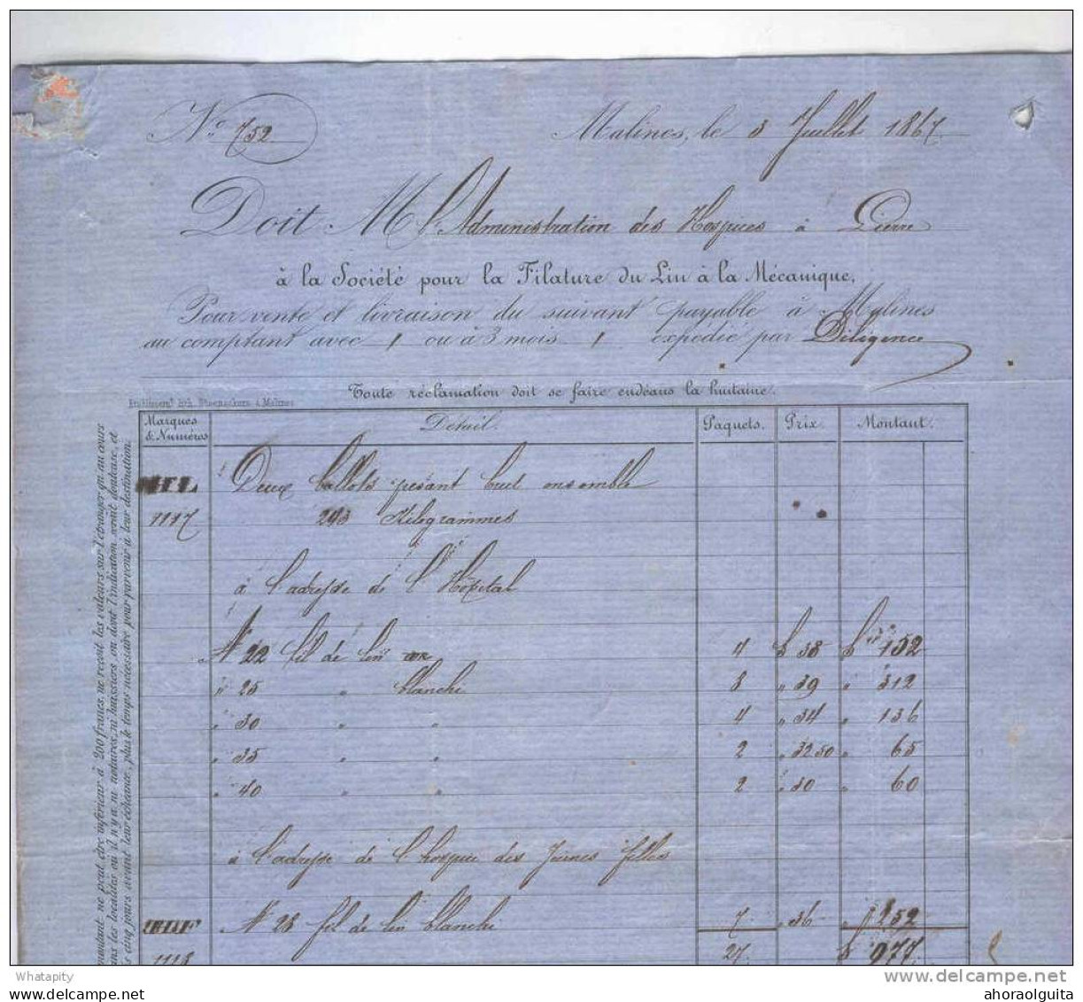 Lettre TP 17  Losange De Points 233 MALINES (A) 1867 Vers LIERRE - Entete Filature Du Lin à La Mécanique --  B5/769 - 1865-1866 Profile Left