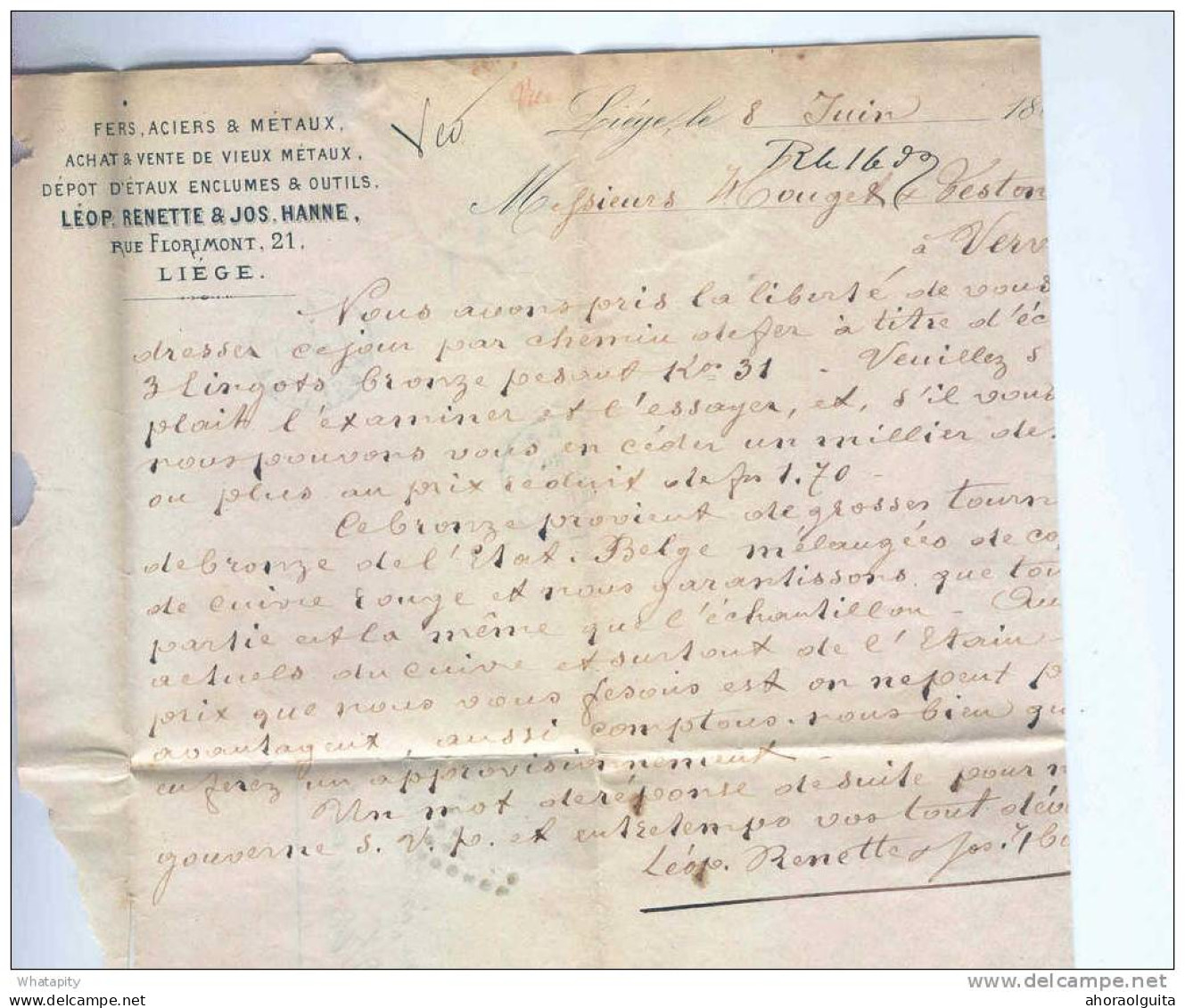Lettre TP 17 LIEGE 1869 - Cachet Et Entete Renette Et Hanne Fers, Aciers Et Métaux  --  B5/395 - 1865-1866 Profilo Sinistro