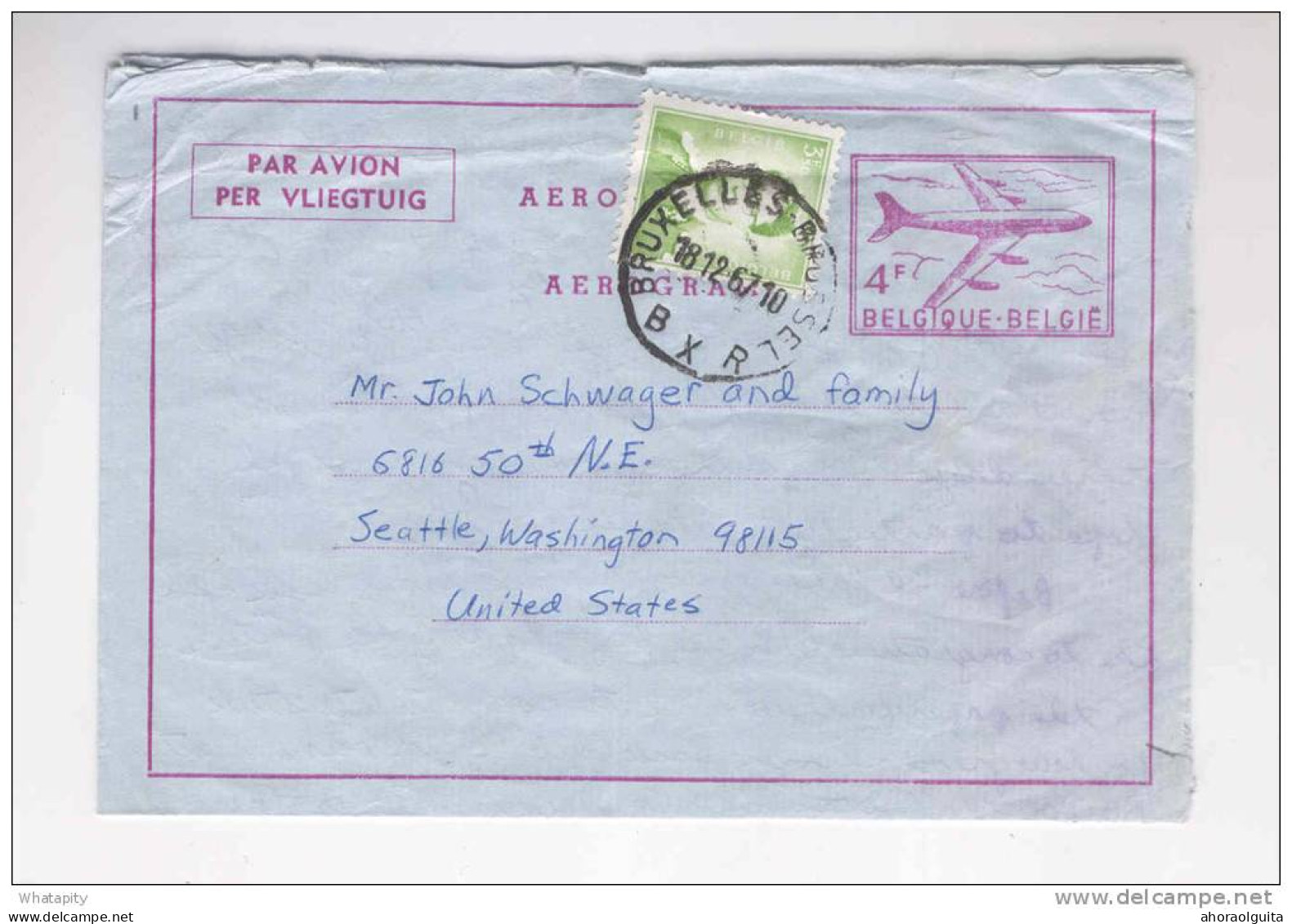 Aérogramme FR/NL  4 F + TP Lunettes BRUXELLES 1967 Vers SEATTLE USA - TARIF 7 F 50 -- B8/649 - Aerogramme