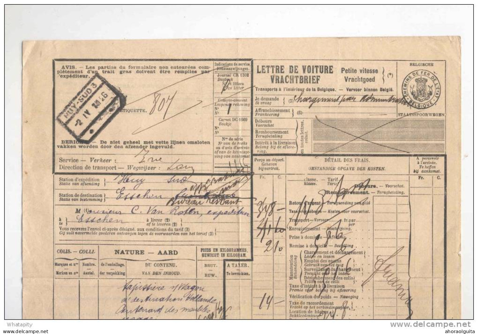 Lettre De Voiture Cachet De Gare HUY SUD 1926 Vers ESSCHEN --  B8/422 - Other & Unclassified