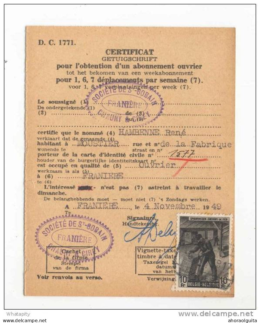 3 X Cetificat D' Abonnement Timbre CF Cachets De Gare MOUSTIER 1949 - Sociétés à TAMINES Et FRANIERE --  B8/410 - Andere & Zonder Classificatie