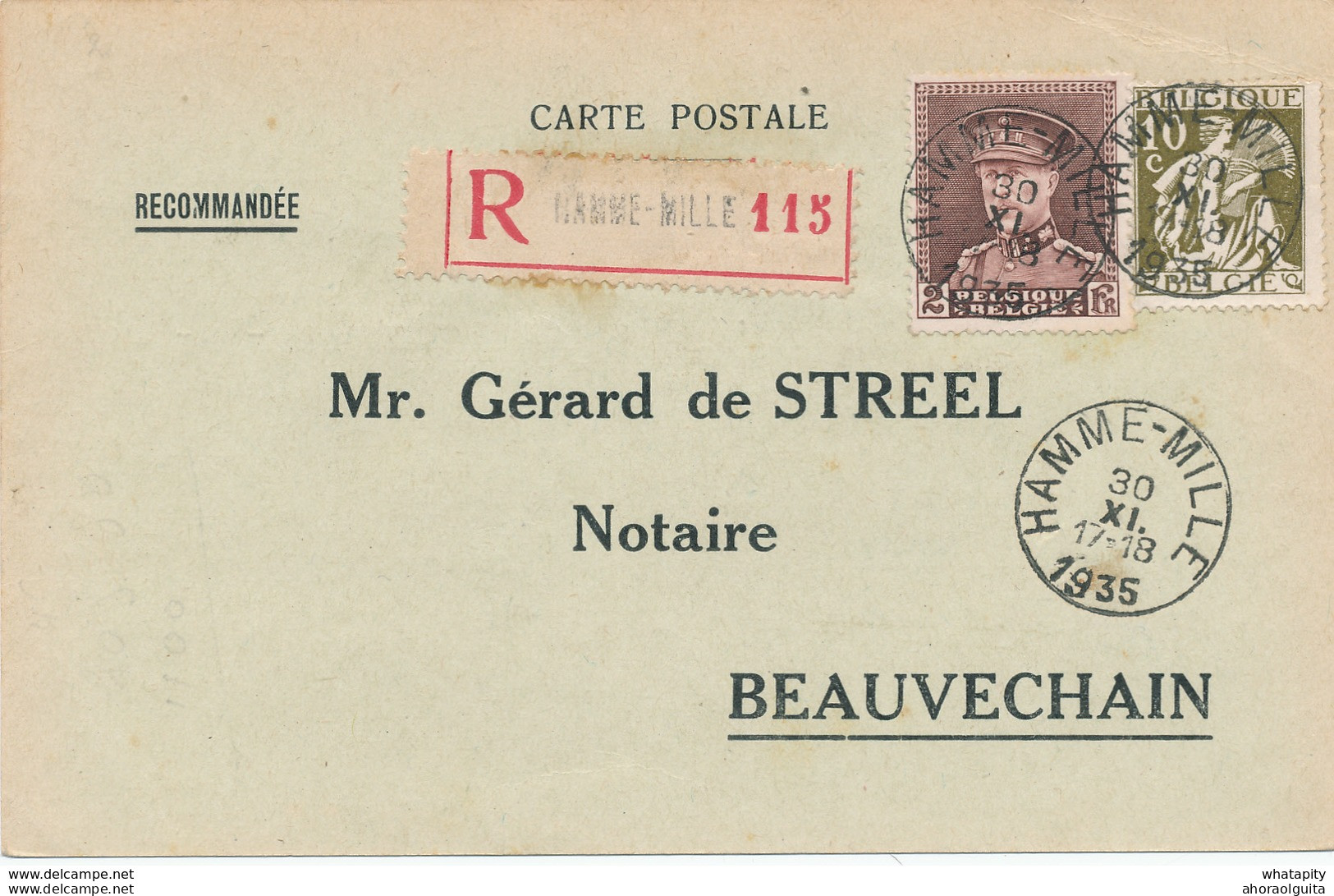 YY002 --  Carte RECOMMANDEE TP Képi Et Cérès HAMME-MILLE 1935  - Expéditeur Snappe-Libert à TOURINNES LA GROSSE - 1931-1934 Quepis