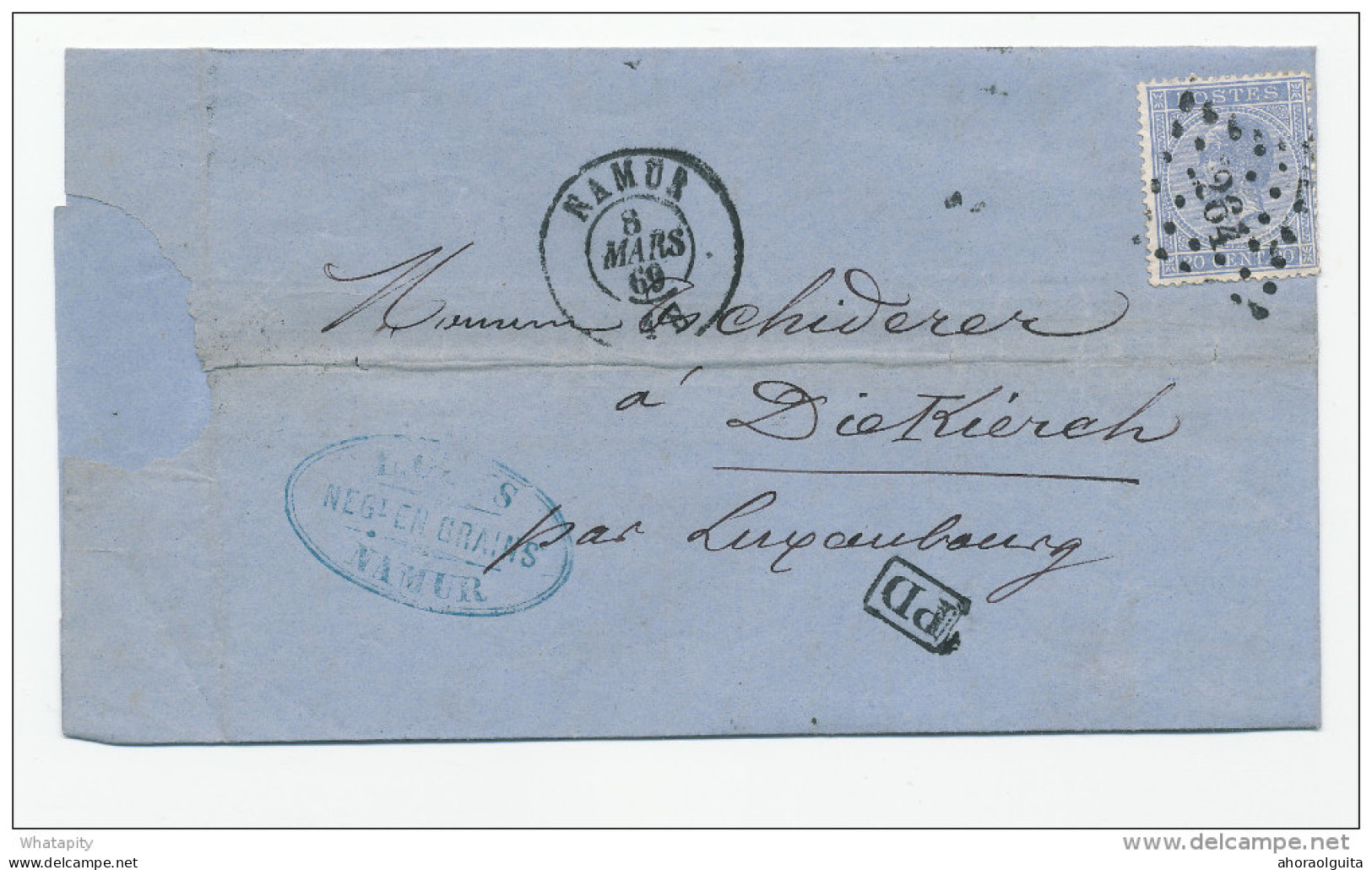 Lettre TP 18 NAMUR 1869 Vers DIEKIRCH - TARIF PREFERENTIEL Luxemnbourg 20 C. - Marque De Passage ARLON  --  WW865 - Transit Offices